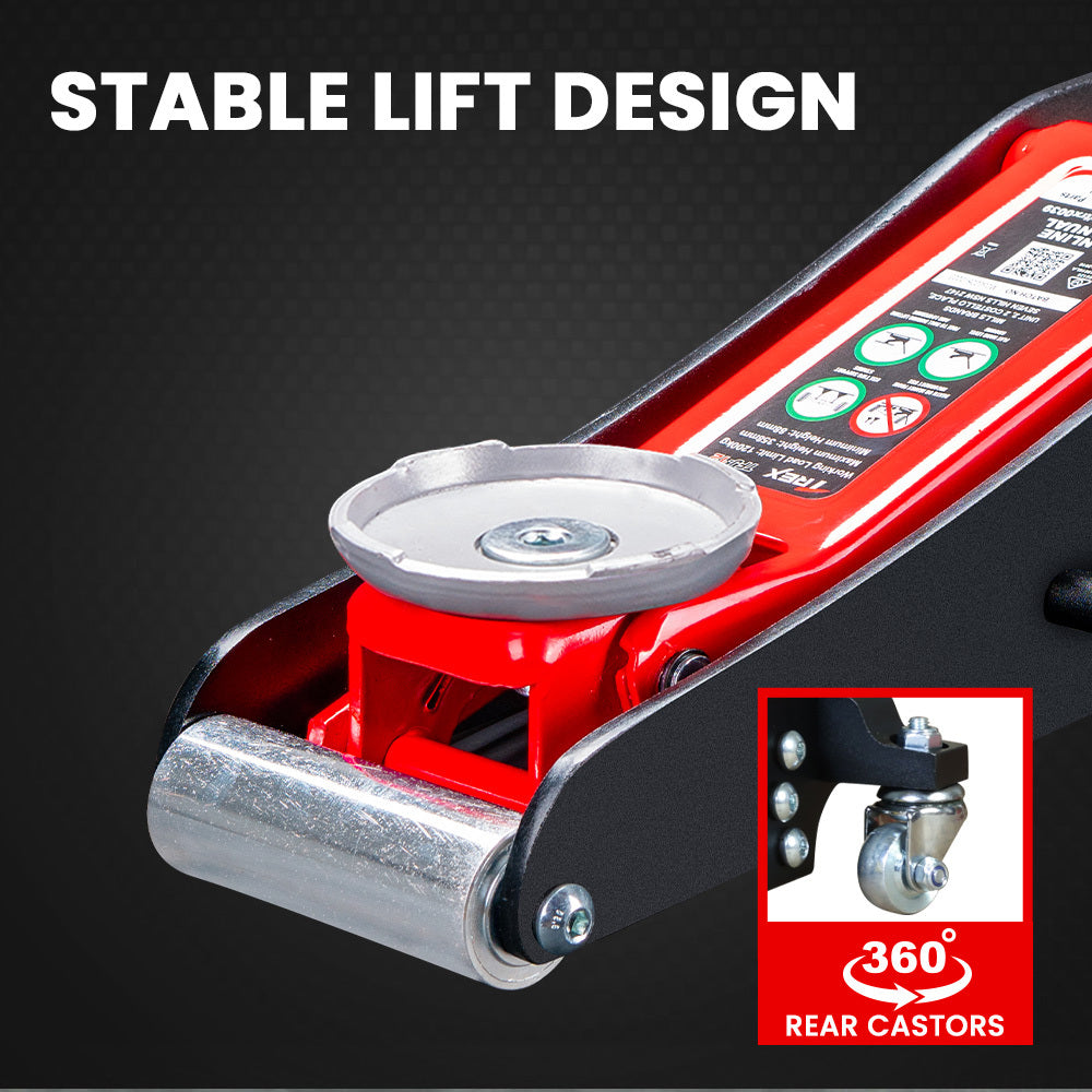 T-REX 1200kg Hydraulic Trolley Jack Low Profile Dual Pump Quick Release