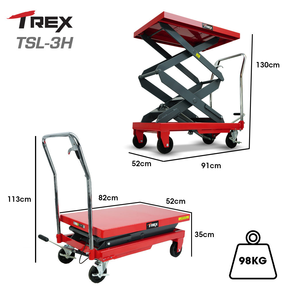 T-Rex 300kg Hydraulic Double Scissor Lift Trolley 1.3m Heavy-Duty