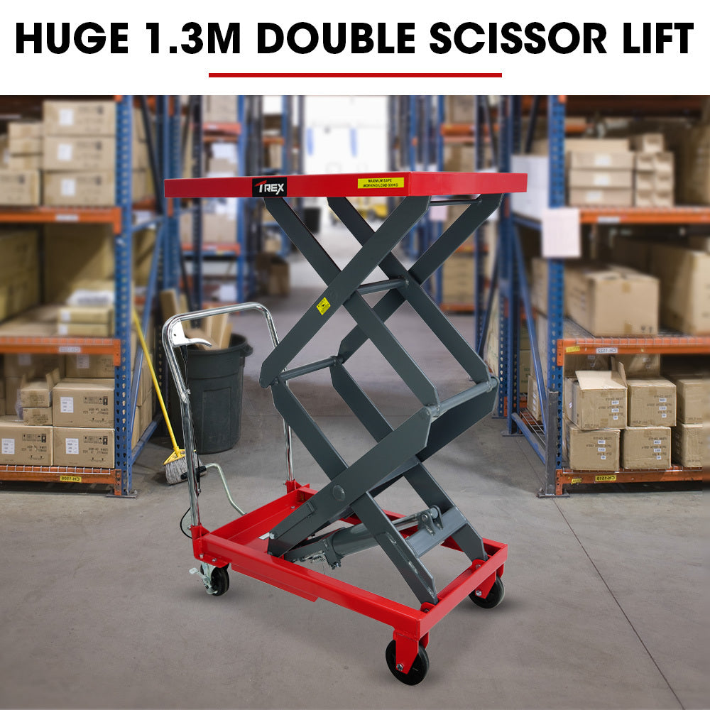 T-Rex 300kg Hydraulic Double Scissor Lift Trolley 1.3m Heavy-Duty