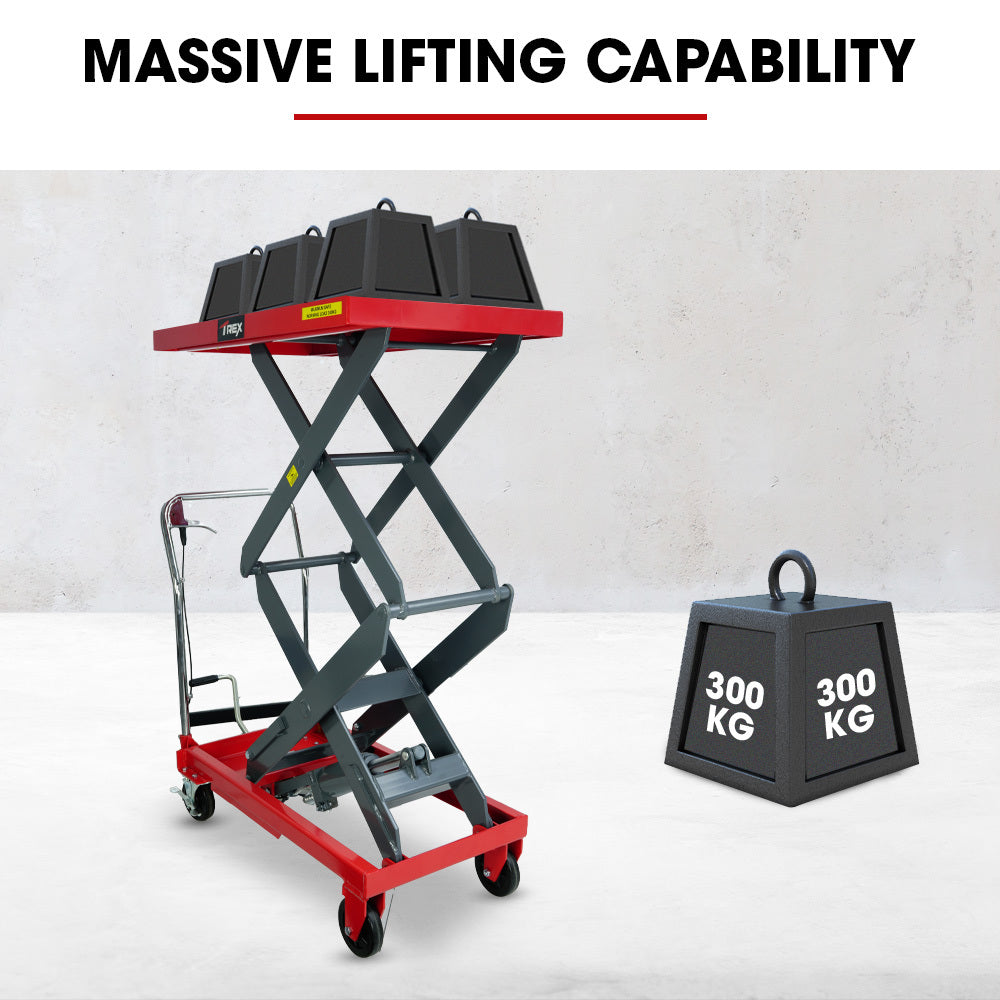 T-Rex 300kg Hydraulic Double Scissor Lift Trolley 1.3m Heavy-Duty