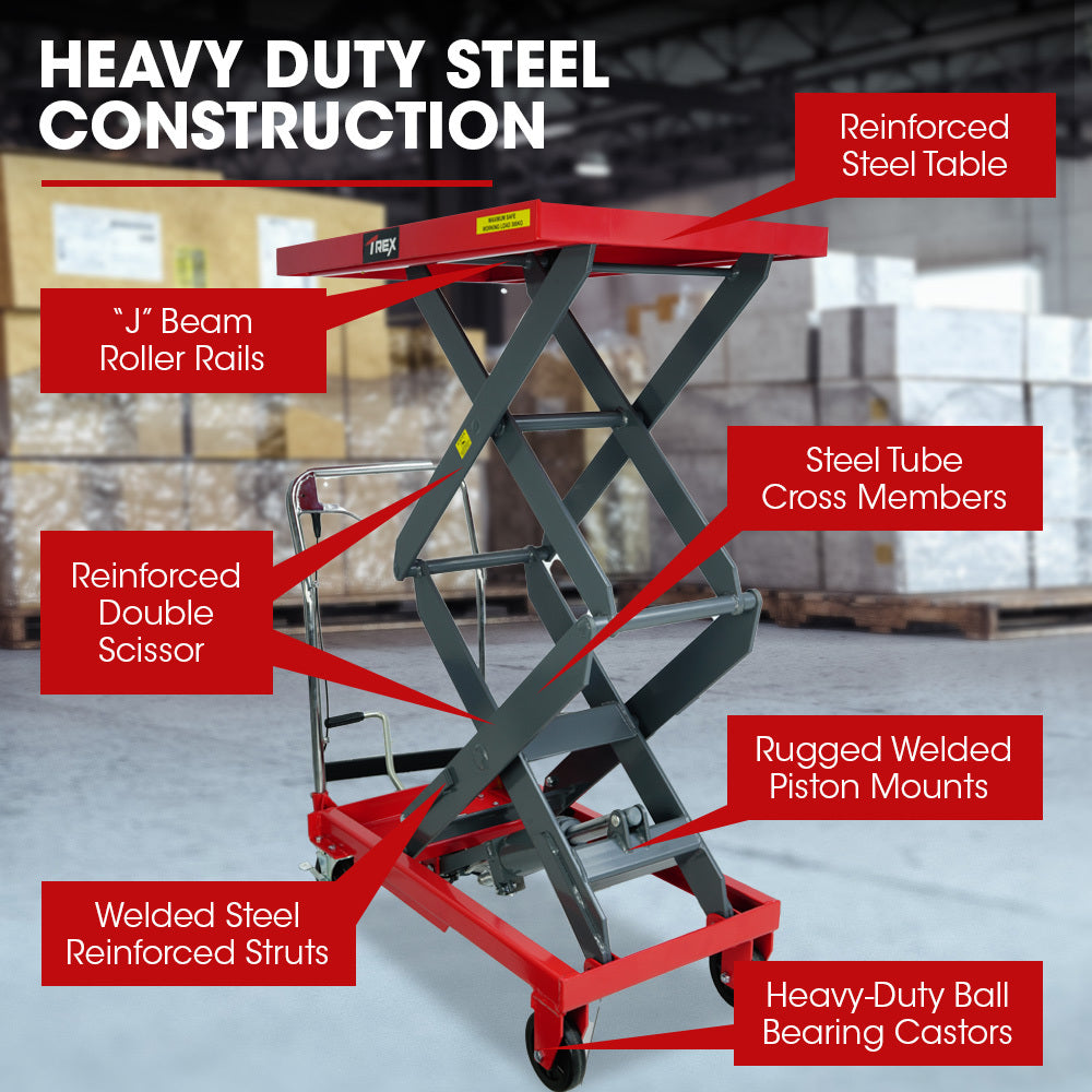 T-Rex 300kg Hydraulic Double Scissor Lift Trolley 1.3m Heavy-Duty