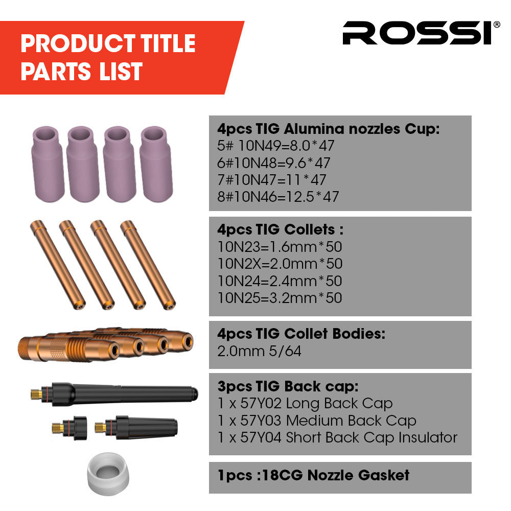 Rossi 16pc TIG Welding Consumables Kit for WP-17/18/26 Torch