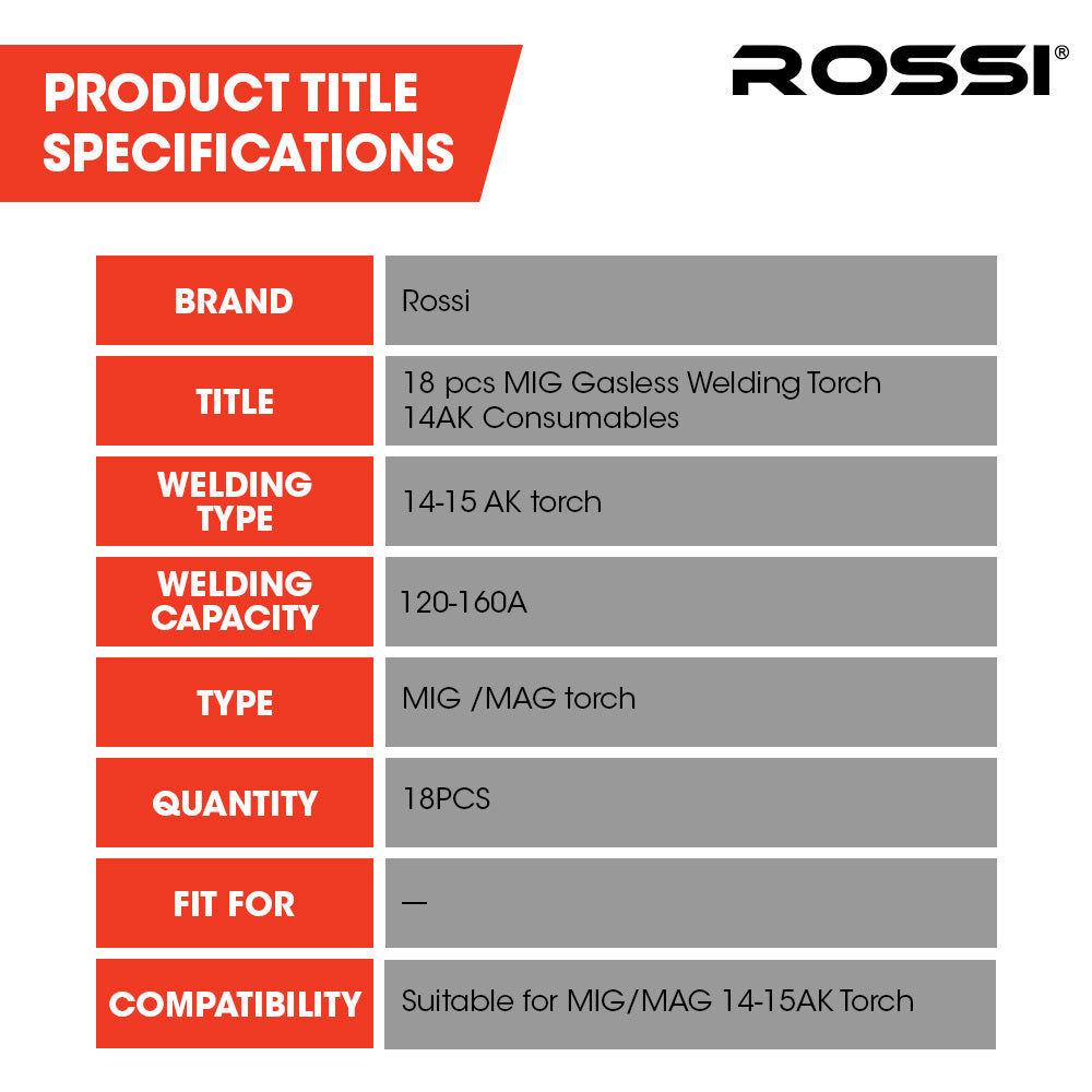 Rossi 18pc MIG/MAG Welding Consumables Kit for 14-15AK Torch