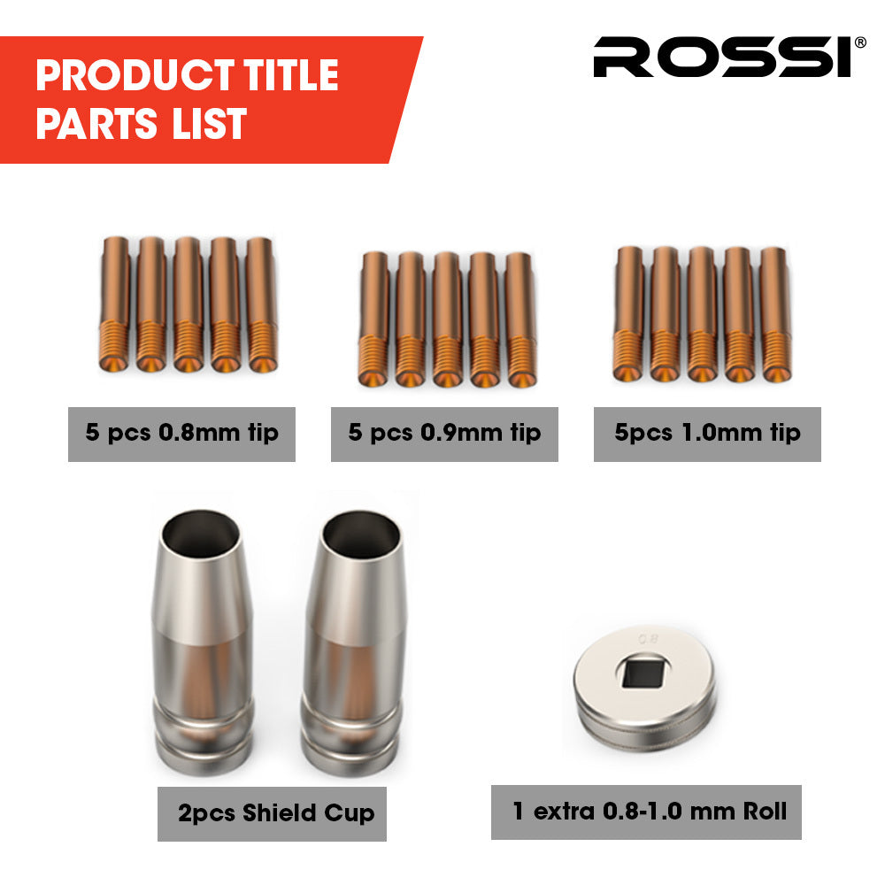 Rossi 18pc MIG/MAG Welding Consumables Kit for 14-15AK Torch