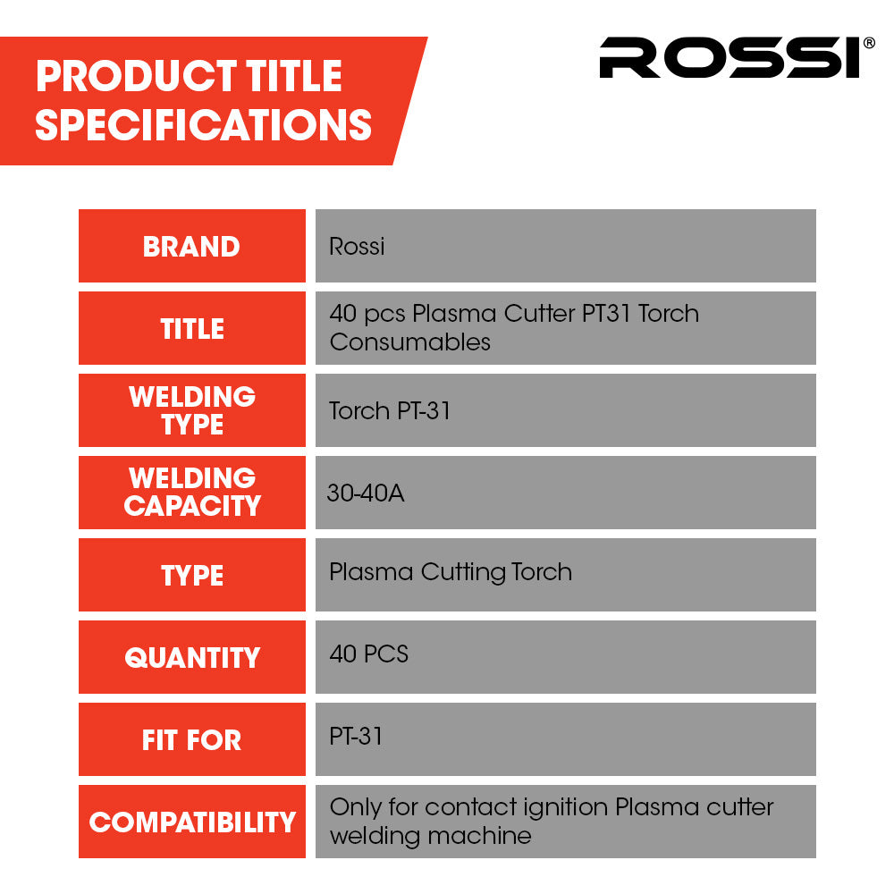 Rossi 40pc Plasma Cutter PT31 Torch Consumables Kit