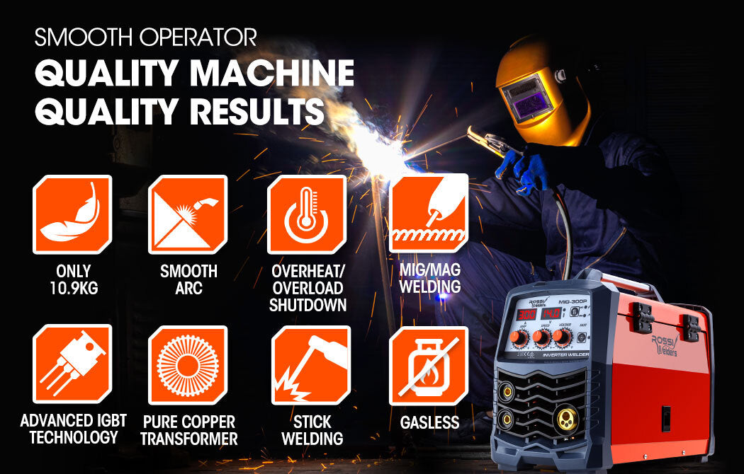 Rossi MIG-300P 300 Amp Portable MIG Stick Welder DC Gas/Gasless Inverter 15A Plug