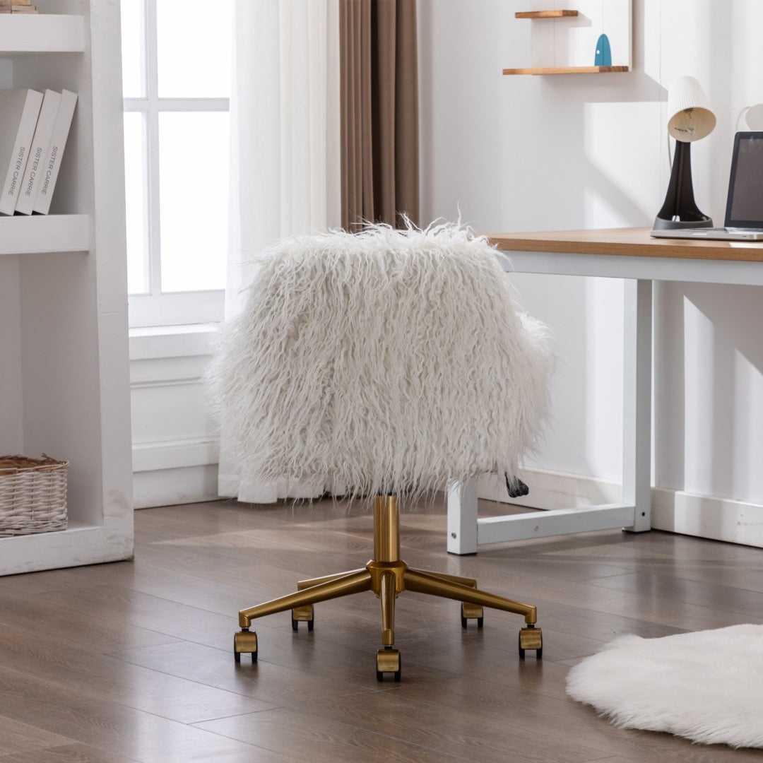 Fluffy Faux Fur Swivel Desk Chair, Height Adjustable - White