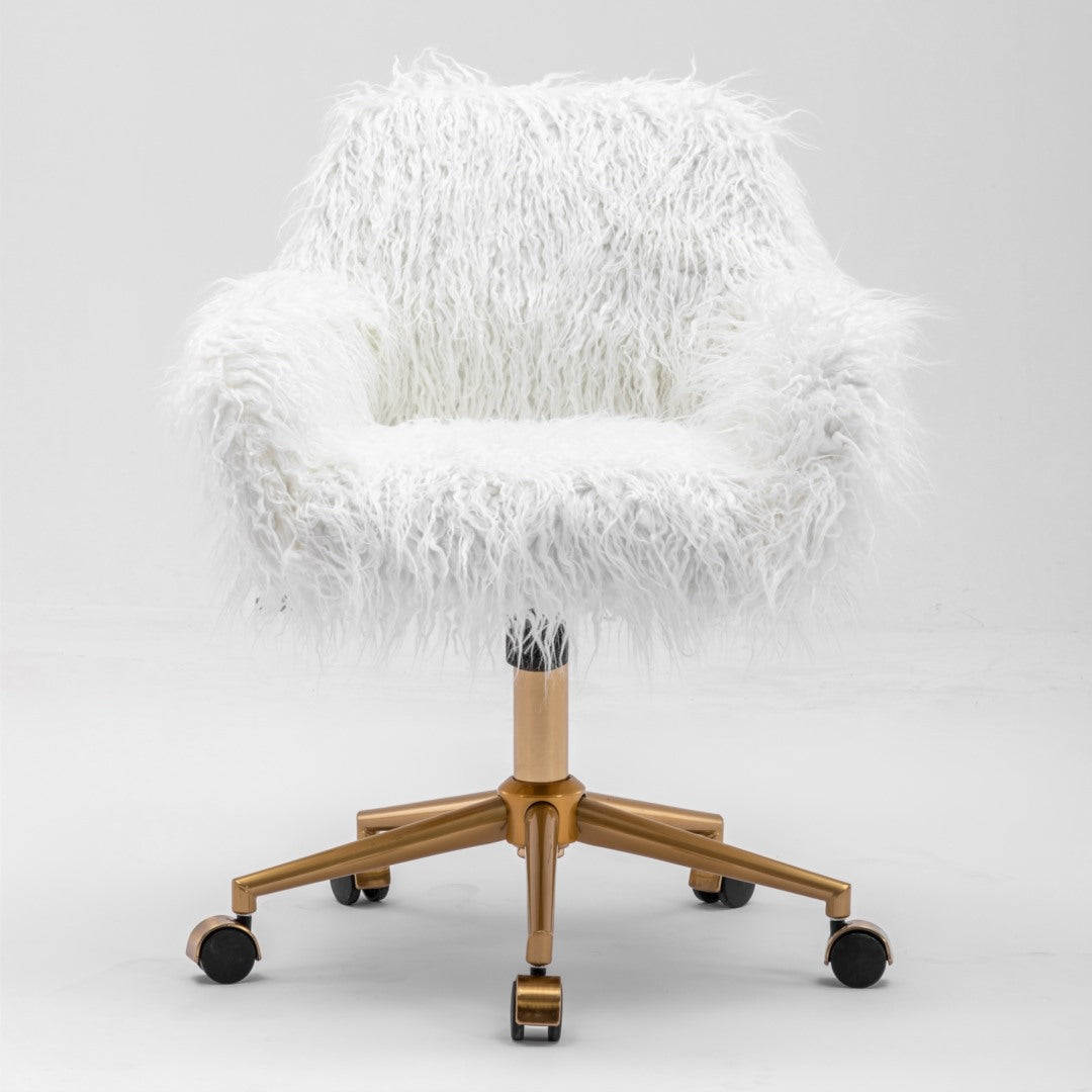 Fluffy Faux Fur Swivel Desk Chair, Height Adjustable - White