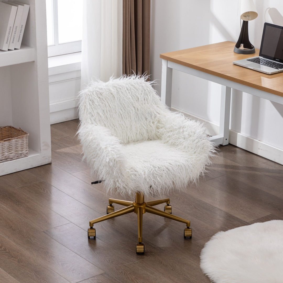 Fluffy Faux Fur Swivel Desk Chair, Height Adjustable - White