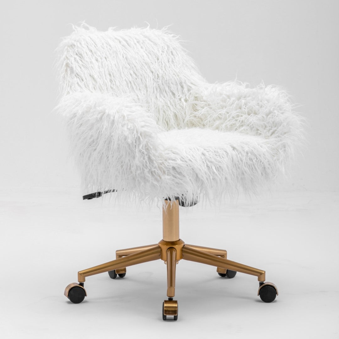 Fluffy Faux Fur Swivel Desk Chair, Height Adjustable - White