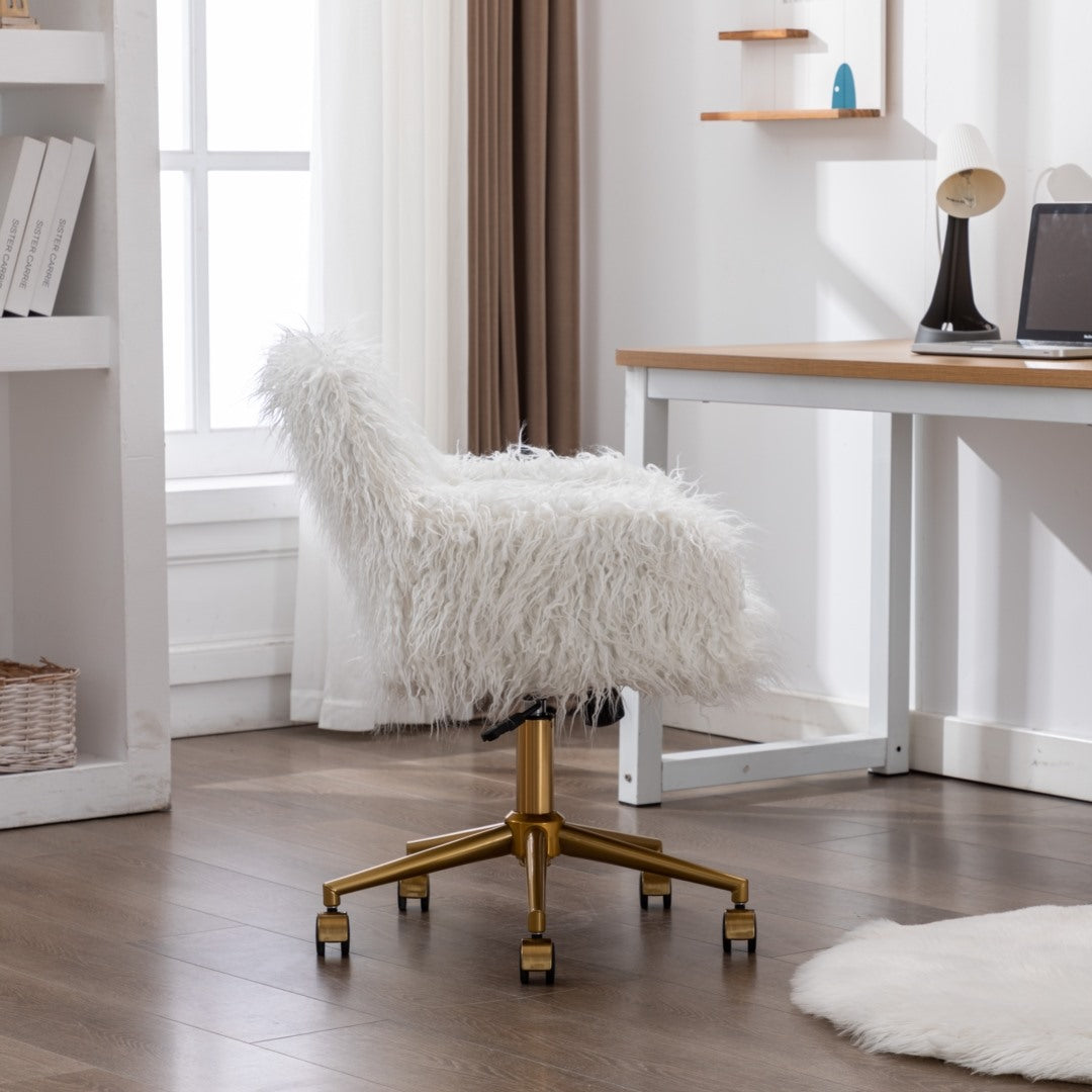 Fluffy Faux Fur Swivel Desk Chair, Height Adjustable - White