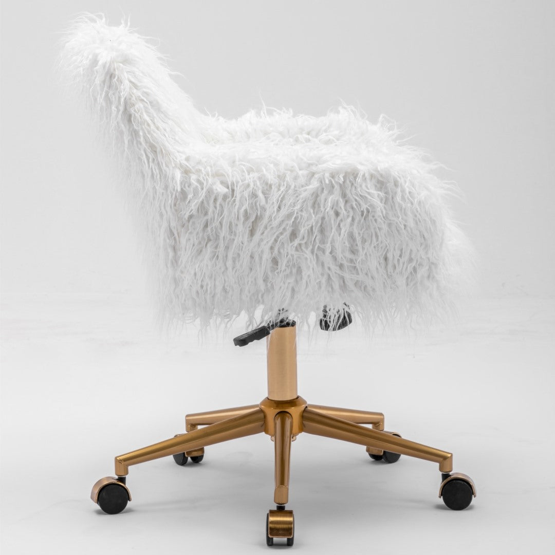 Fluffy Faux Fur Swivel Desk Chair, Height Adjustable - White