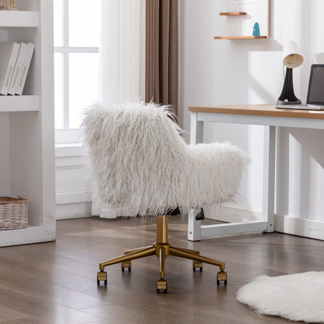 Fluffy Faux Fur Swivel Desk Chair, Height Adjustable - White