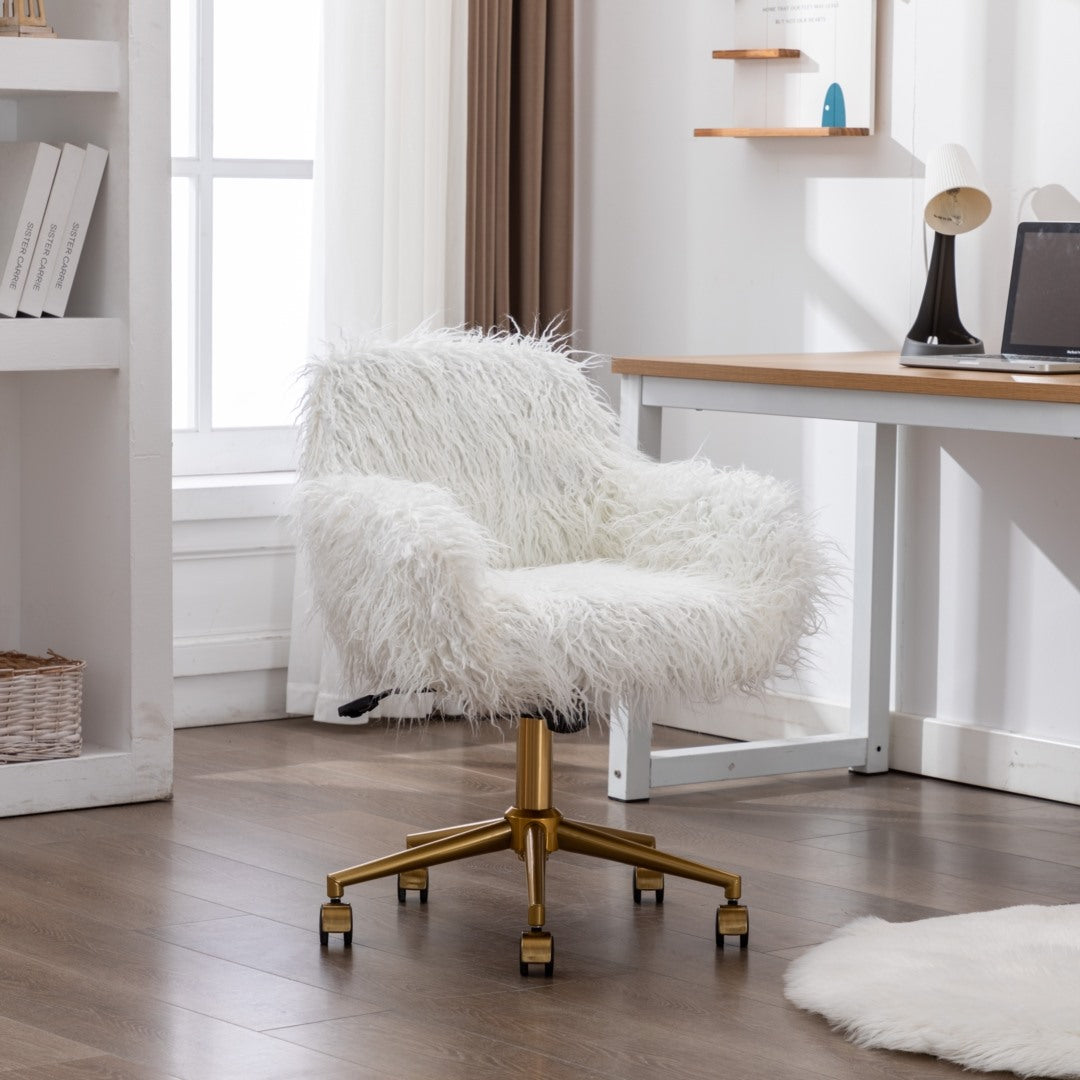 Fluffy Faux Fur Swivel Desk Chair, Height Adjustable - White