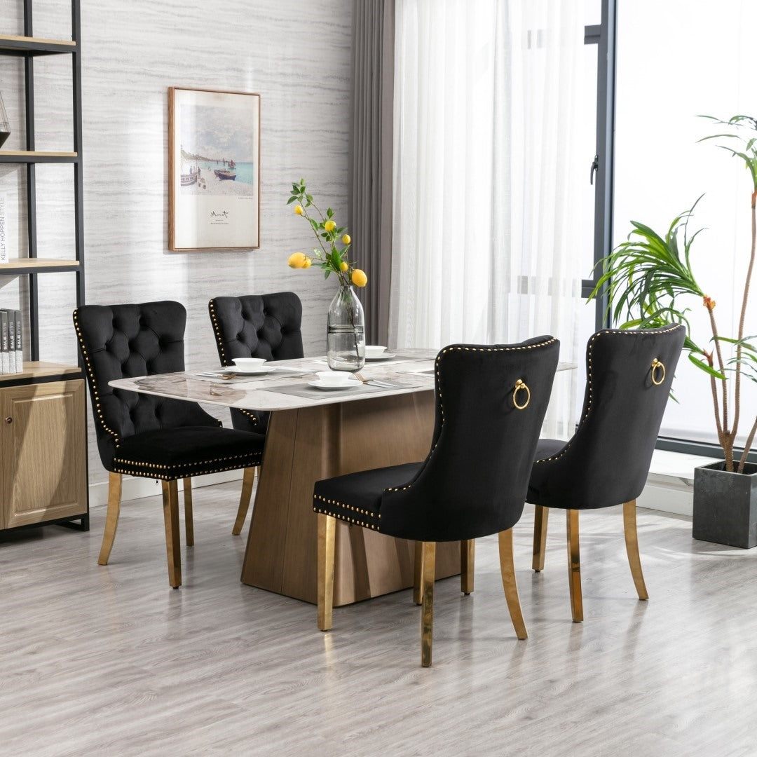 4x Black Velvet Dining Chairs with Gold Metal Legs