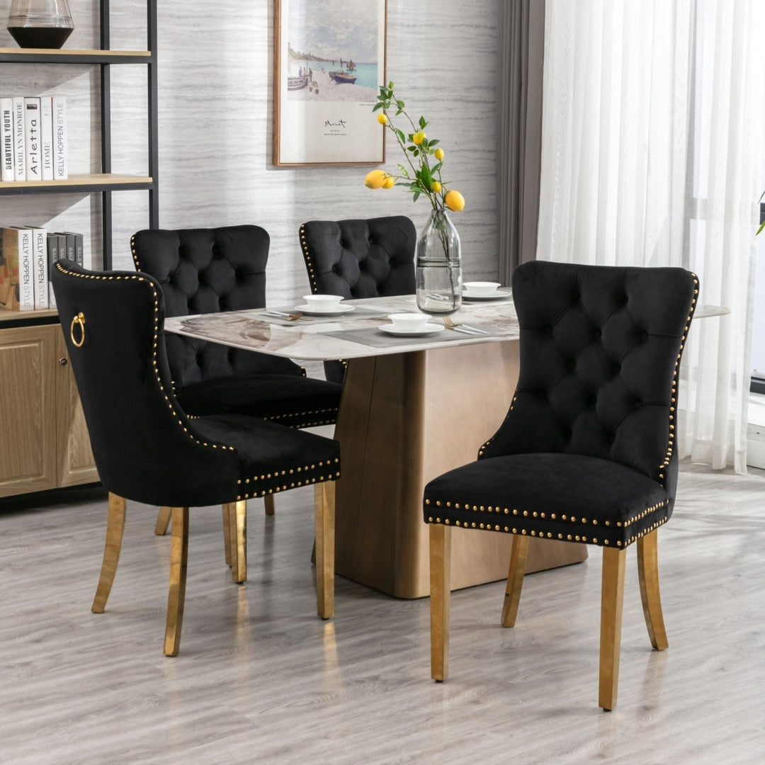 4x Black Velvet Dining Chairs with Gold Metal Legs