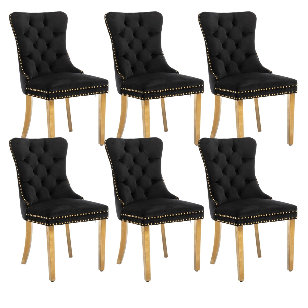 6x Black Velvet Dining Chairs with Golden Metal Legs