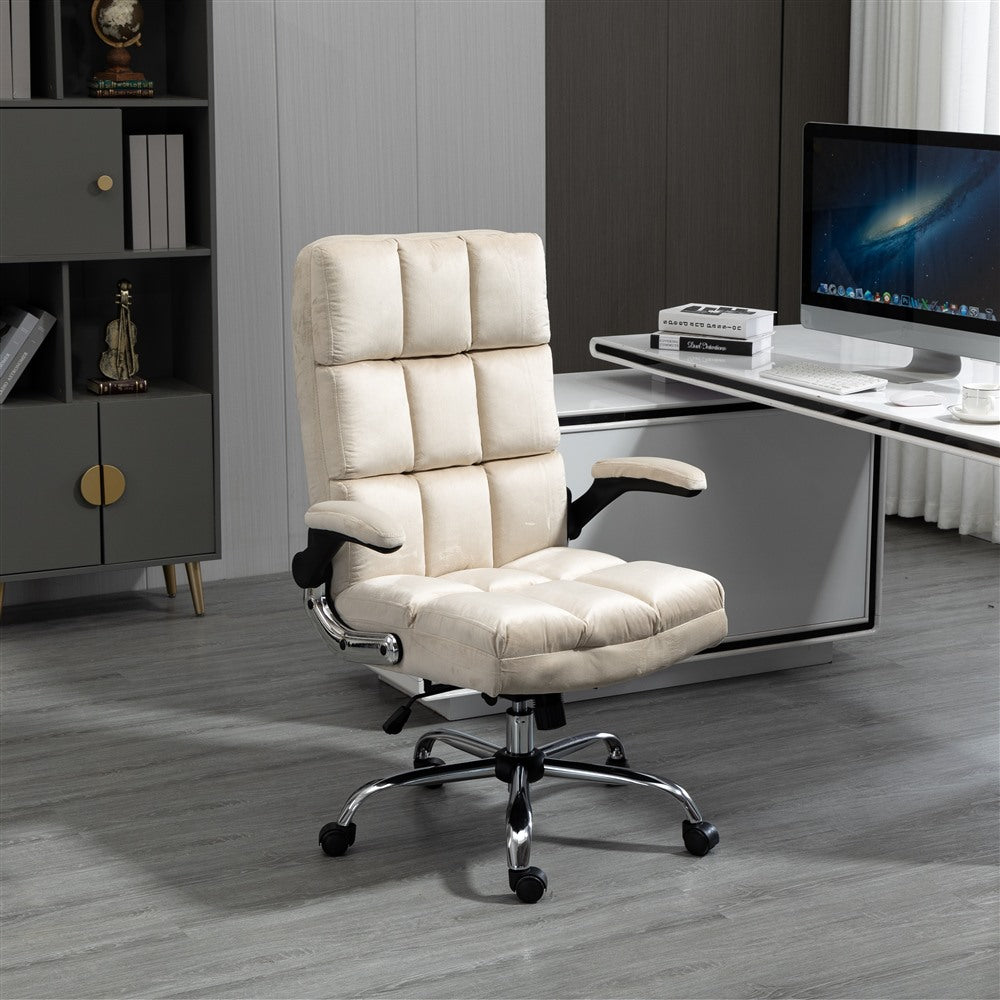 Ergonomic Velvet Swivel Office Chair, Tilt & Flip Arms, Beige