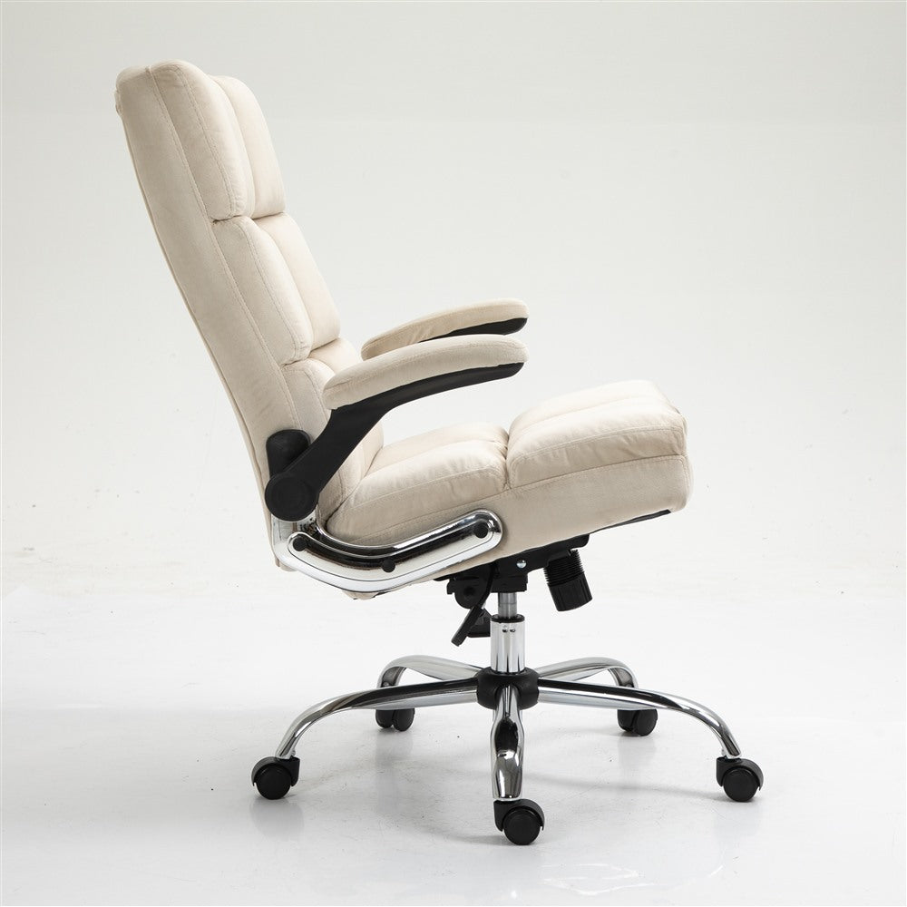 Ergonomic Velvet Swivel Office Chair, Tilt & Flip Arms, Beige