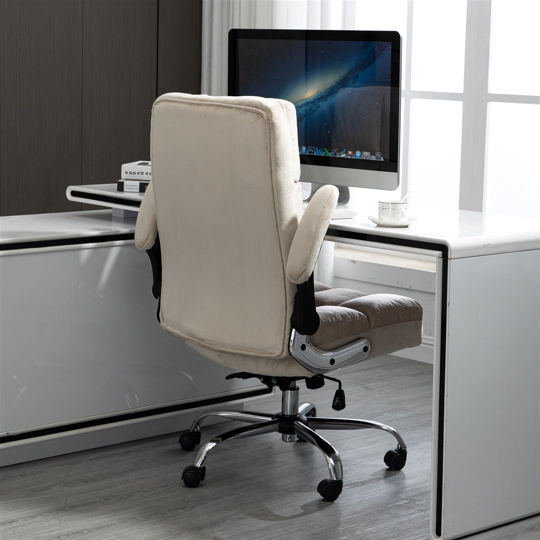 Ergonomic Velvet Swivel Office Chair, Tilt & Flip Arms, Beige