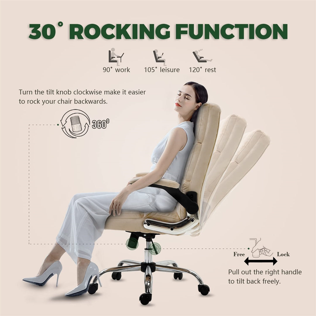 Ergonomic Velvet Swivel Office Chair, Tilt & Flip Arms, Beige