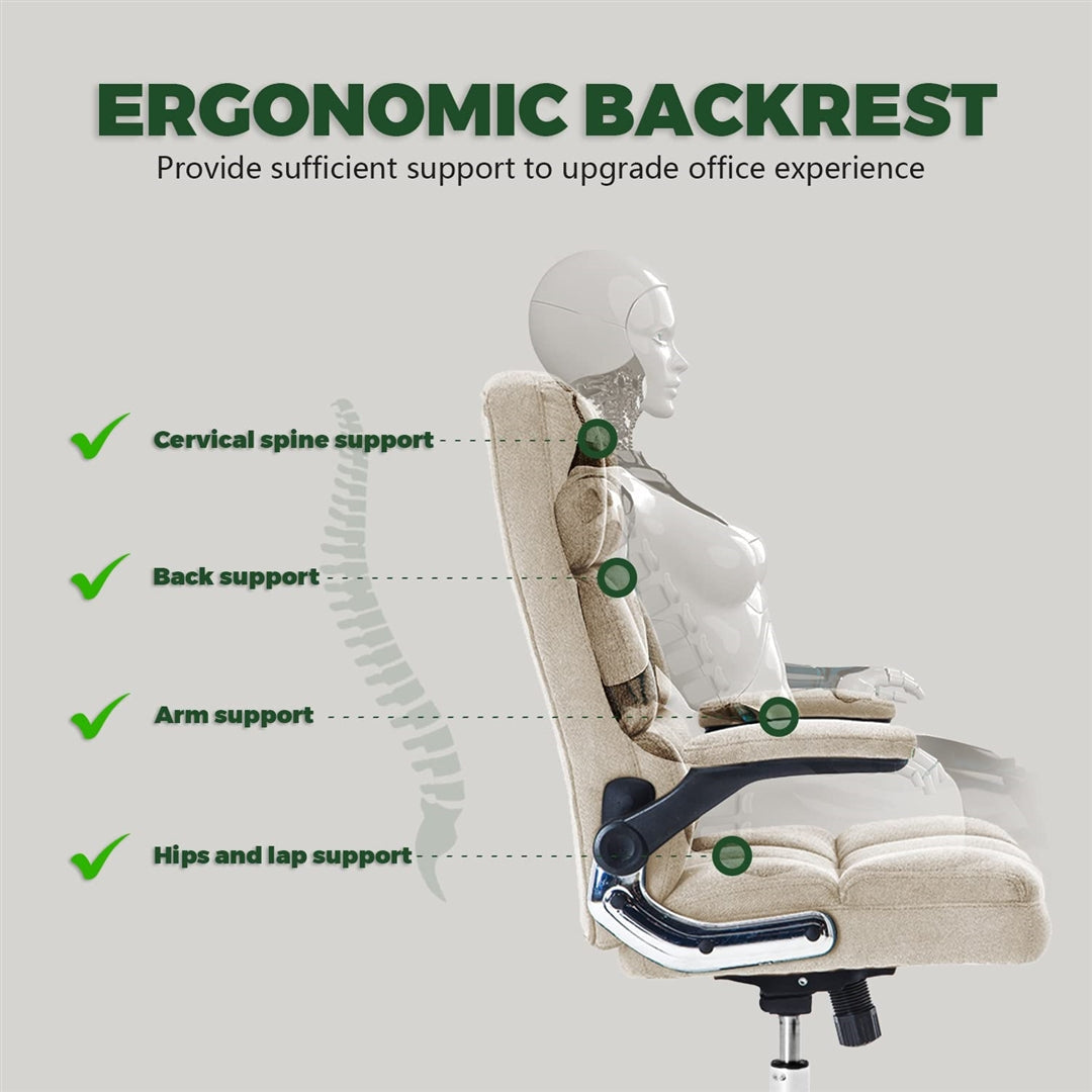 Ergonomic Velvet Swivel Office Chair, Tilt & Flip Arms, Beige