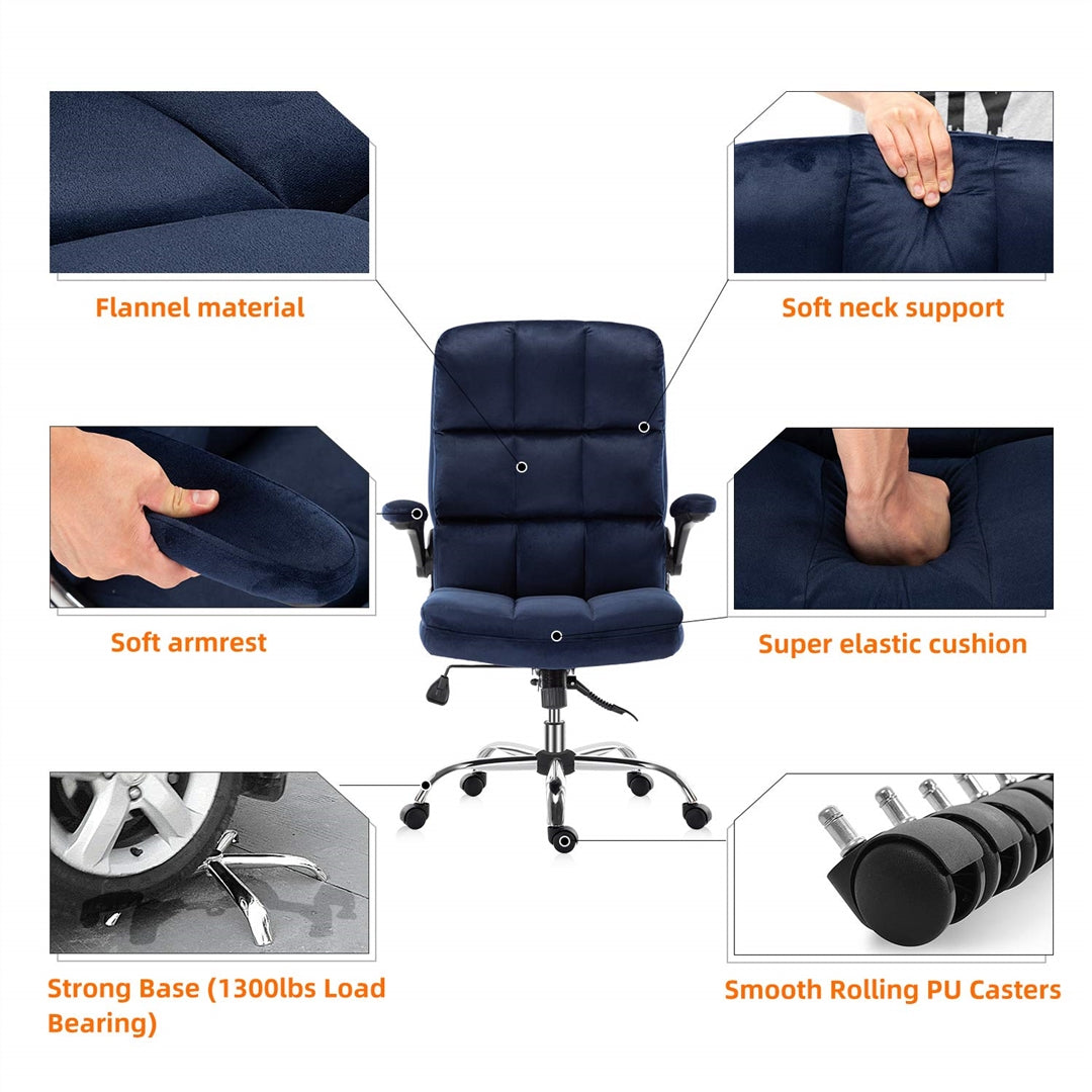 Blue Velvet Ergonomic Swivel Office Chair, Adjustable Tilt, Flip-up Arms