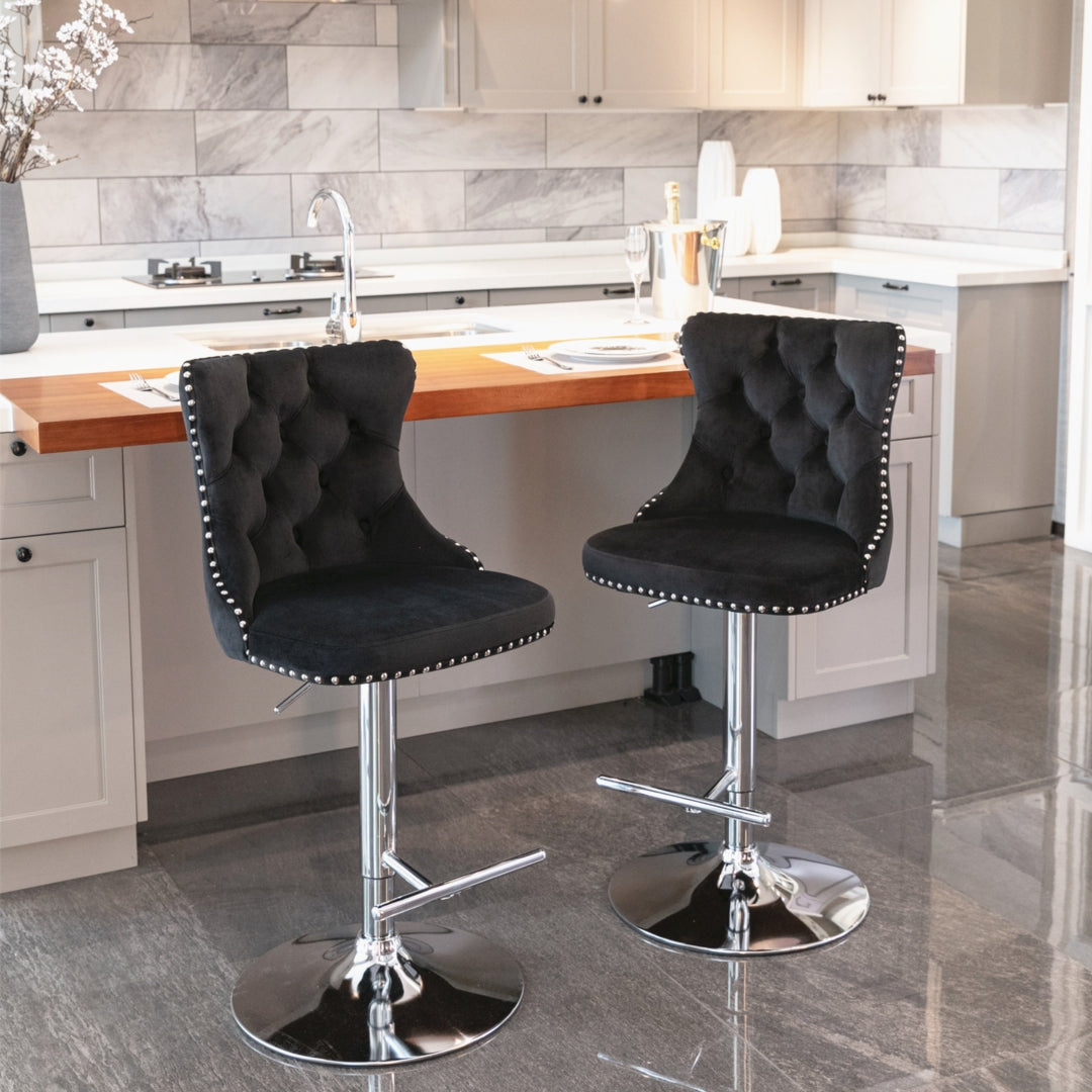 2x Height Adjustable Swivel Bar Stool Velvet Studs Barstool with Footrest and Chromed Base- Black