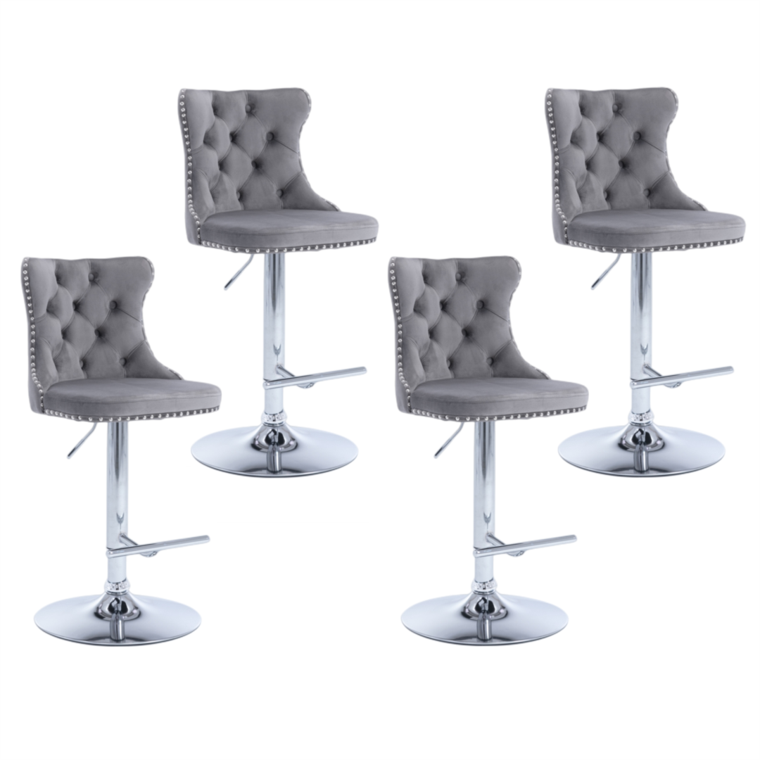 Adjustable Velvet Swivel Bar Stools with Footrest, 4x Gray