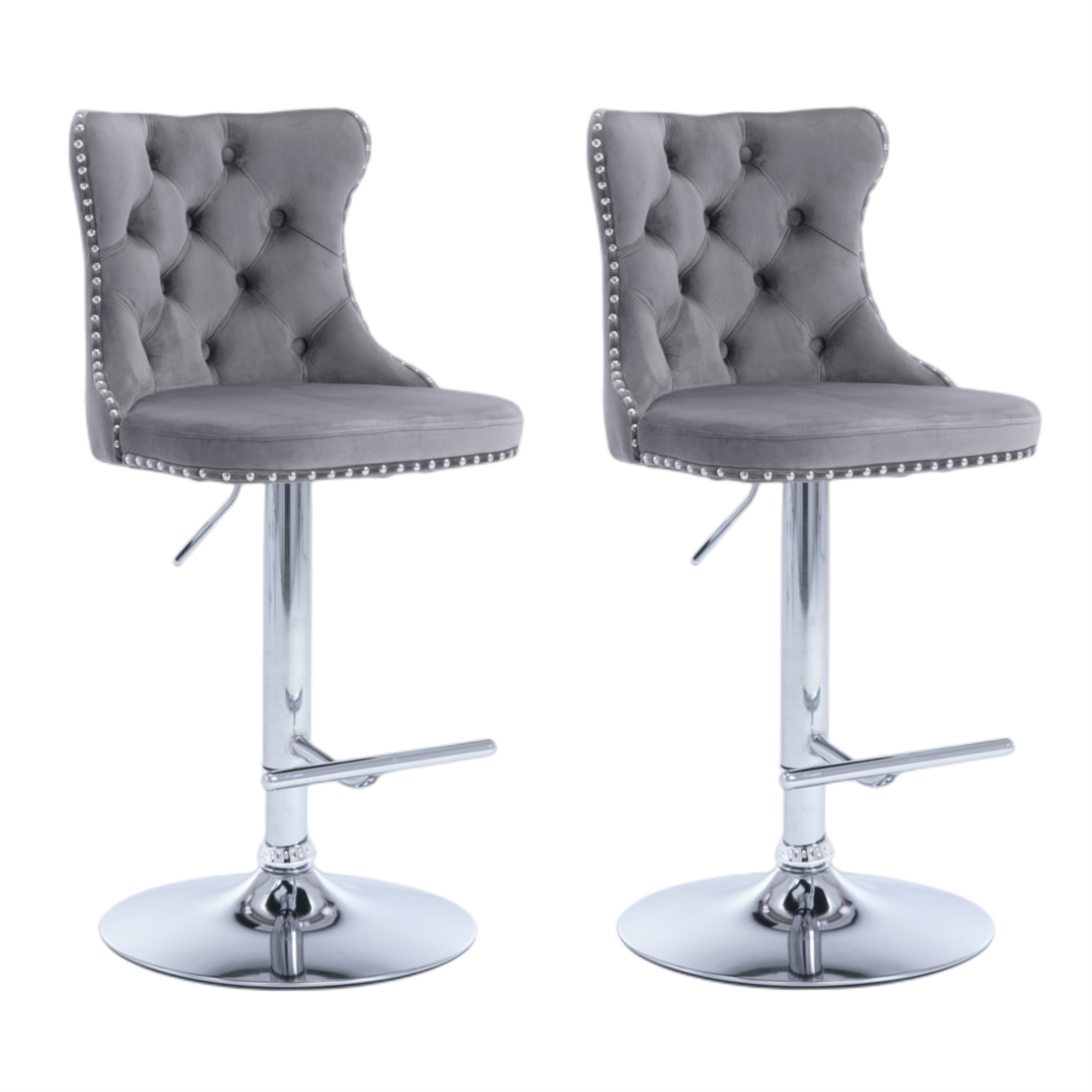 Adjustable Velvet Swivel Bar Stools with Footrest, 4x Gray