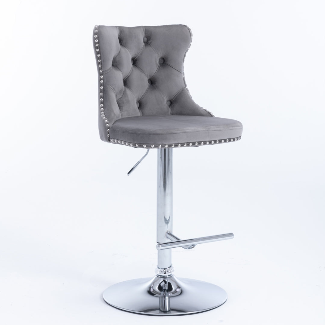 Adjustable Velvet Swivel Bar Stools with Footrest, 4x Gray