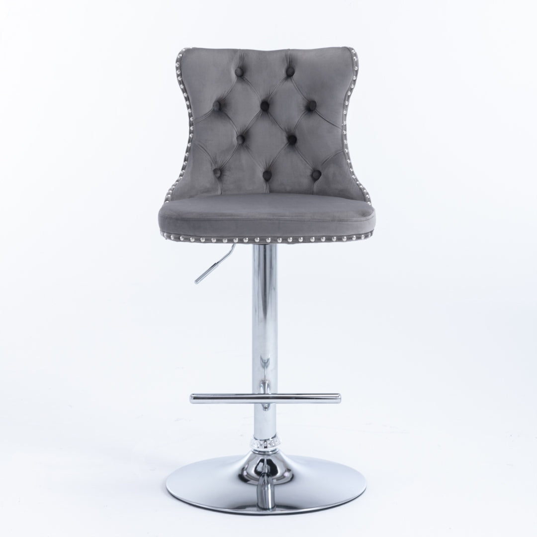 Adjustable Velvet Swivel Bar Stools with Footrest, 4x Gray