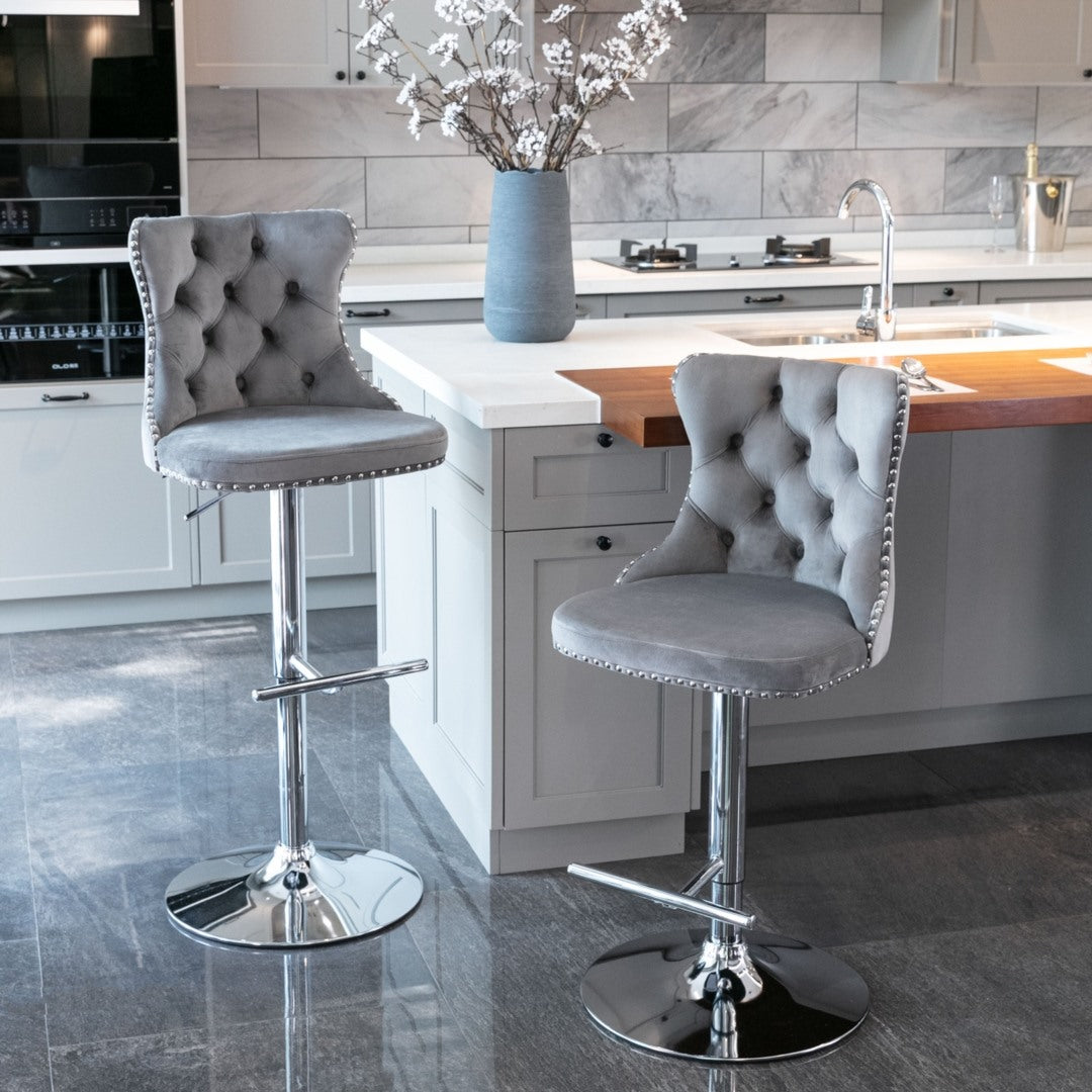 Adjustable Velvet Swivel Bar Stools with Footrest, 4x Gray