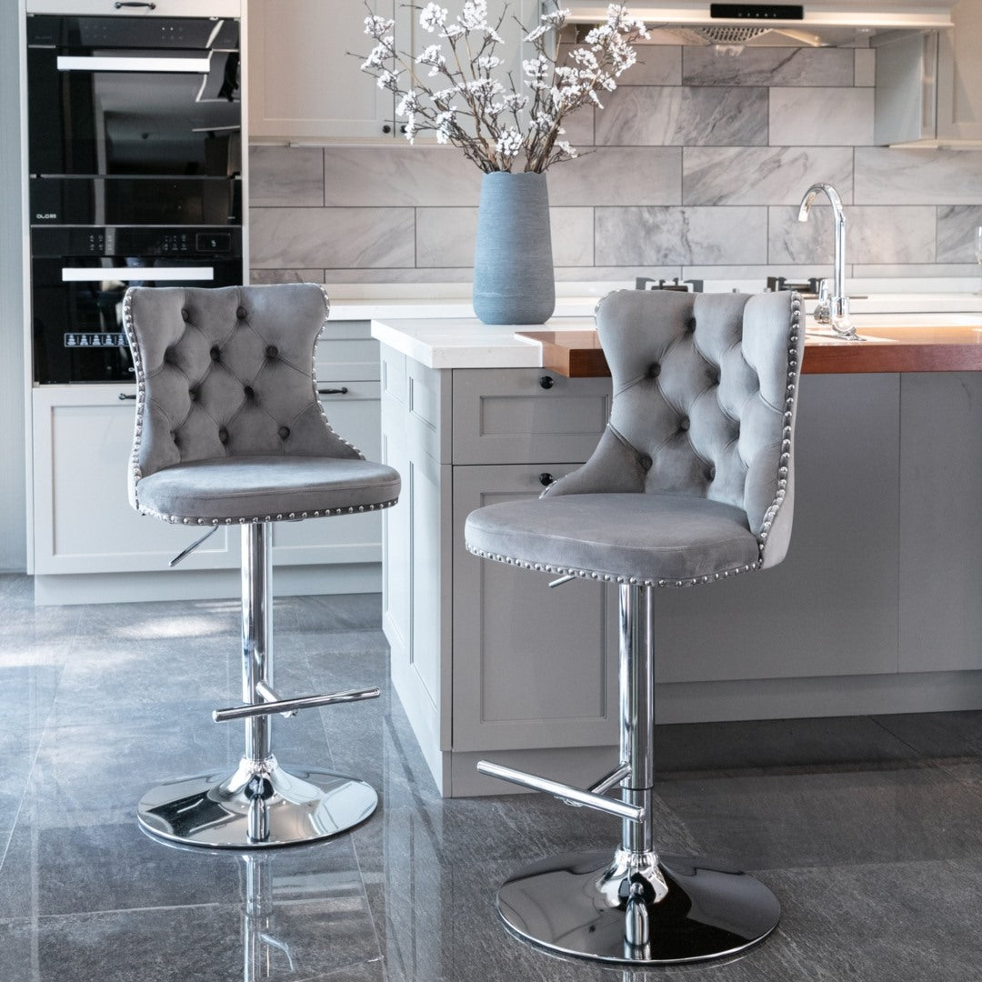 Adjustable Velvet Swivel Bar Stools with Footrest, 4x Gray