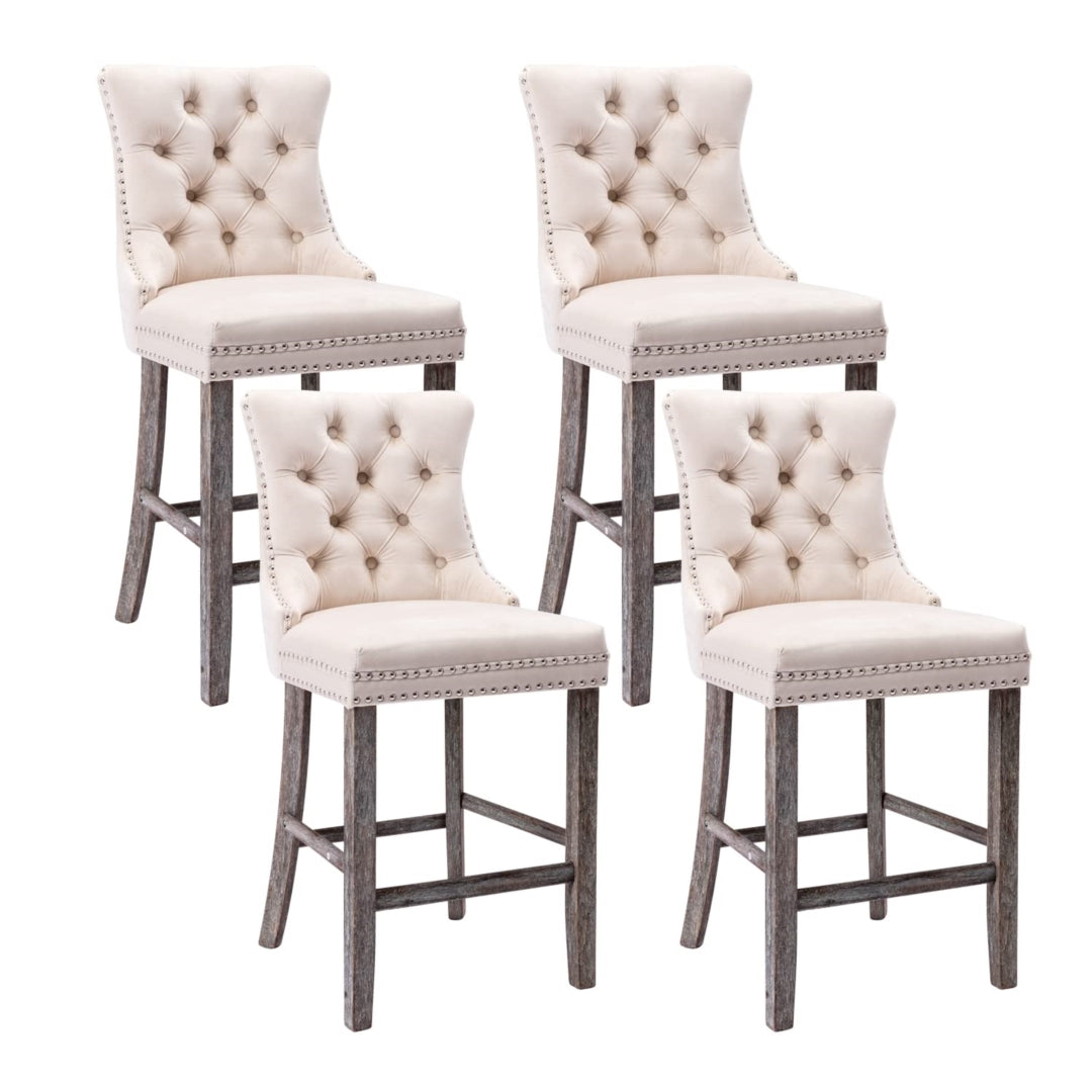 Velvet Bar Stools with Studs, Tufted, Wood Legs, Set of 4