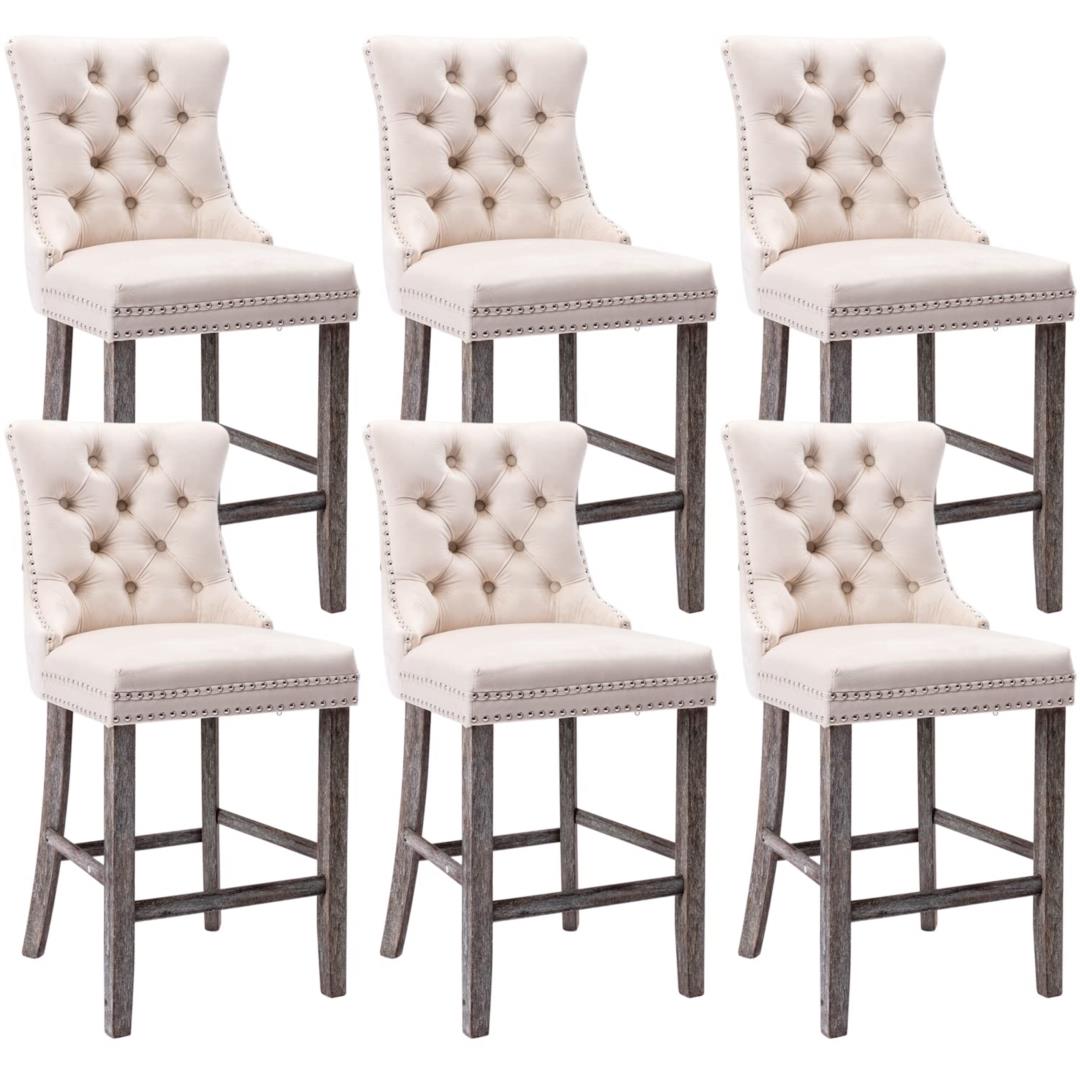 Velvet Upholstered Bar Stools with Studs, Wooden Legs, Set of 6