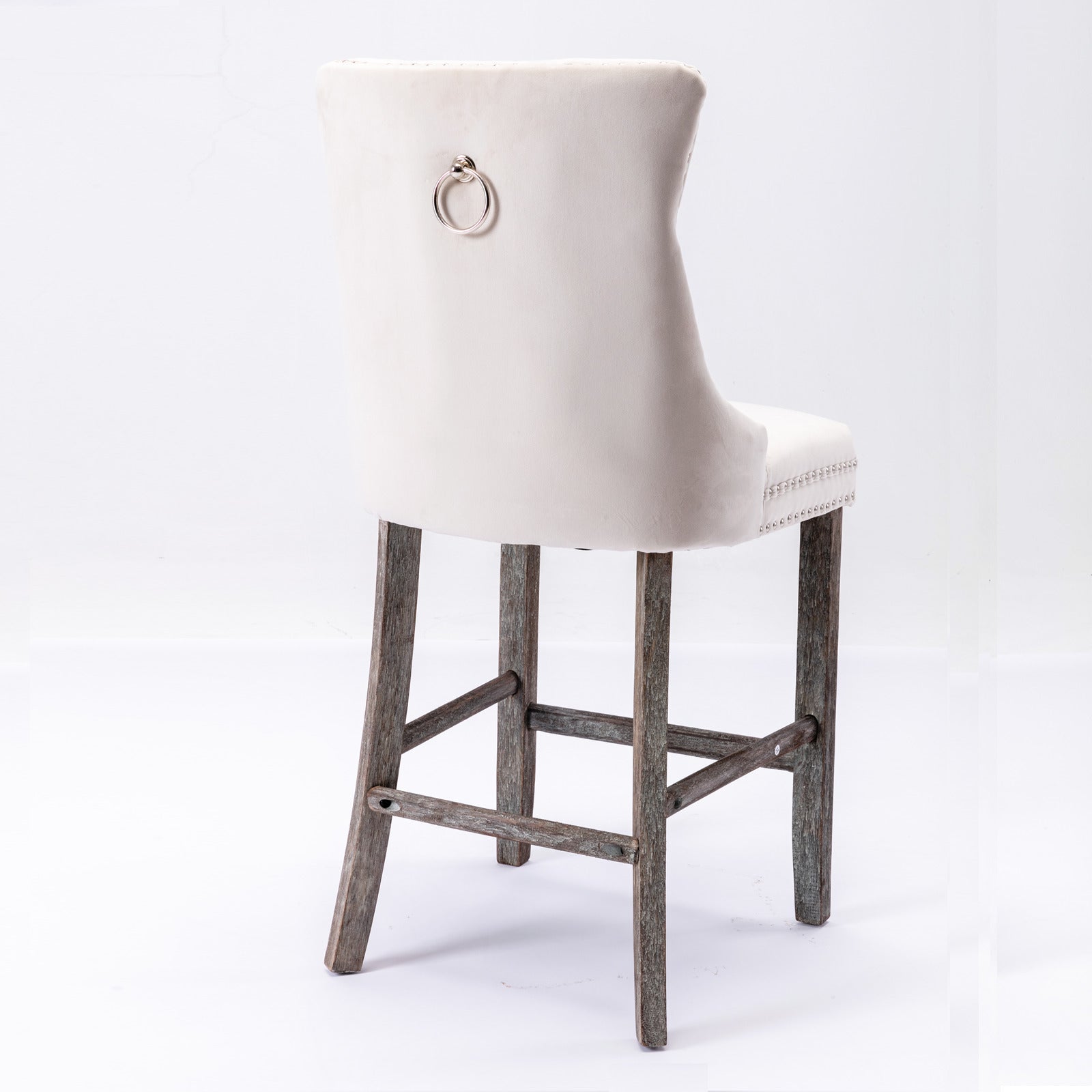 Velvet Upholstered Bar Stools with Studs, Wooden Legs, Set of 6