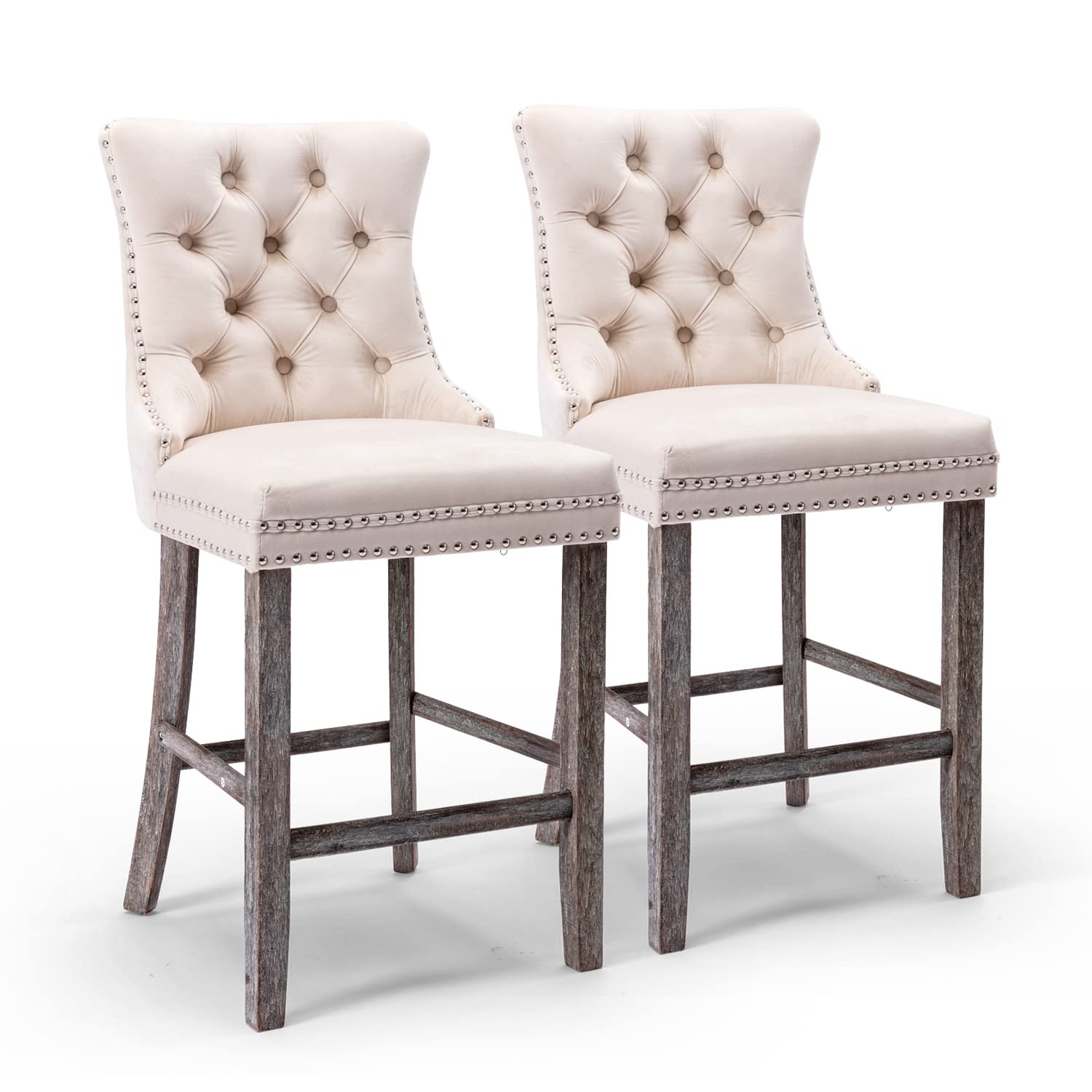 Velvet Upholstered Bar Stools with Studs Trim Wooden Legs, Set of 2