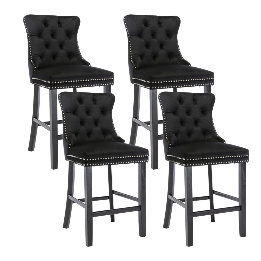 Black Velvet Bar Stools with Stud Trim, Wood Legs, Tufted Dining Chairs, Set of 4