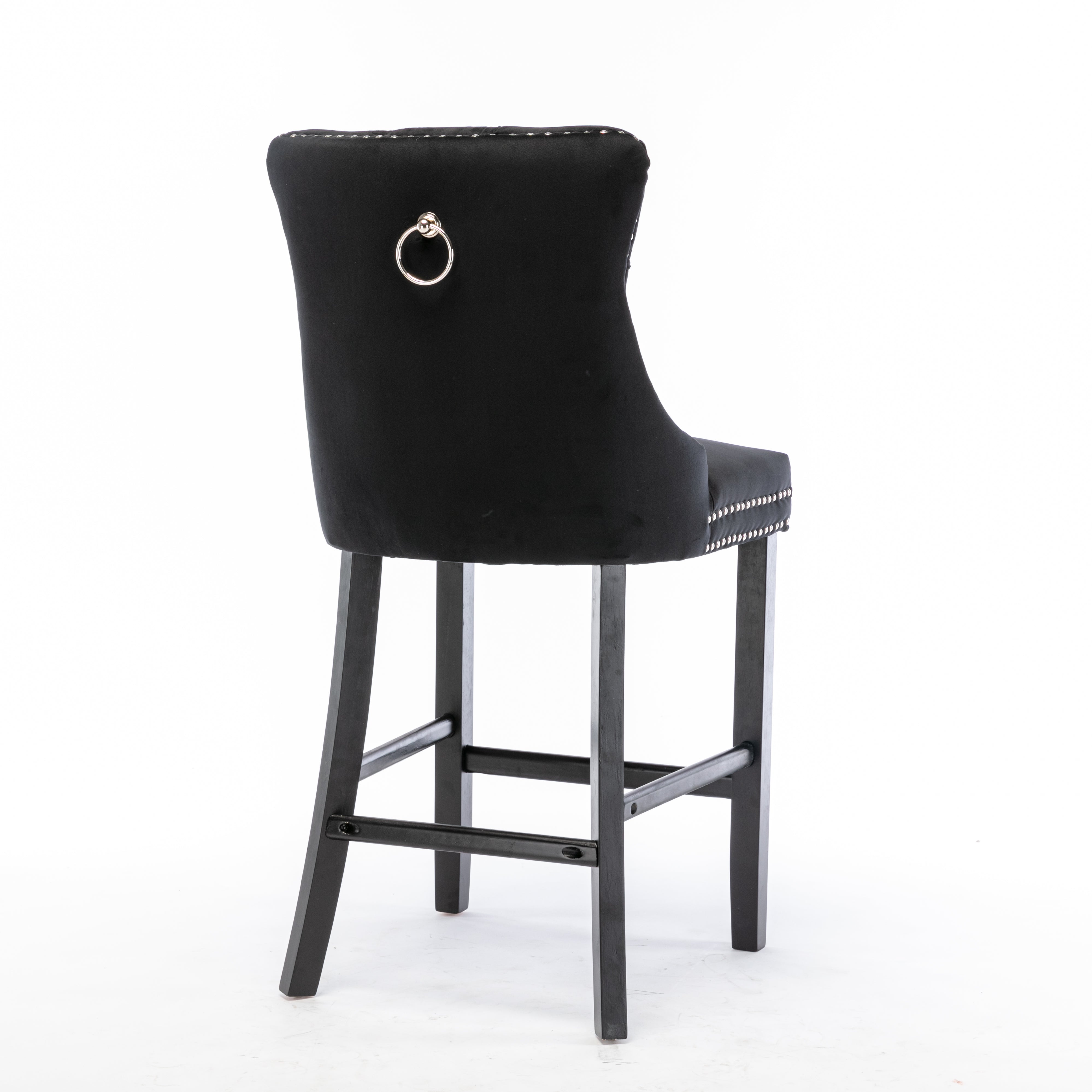 Black Velvet Bar Stools with Stud Trim, Wood Legs, Tufted Dining Chairs, Set of 4