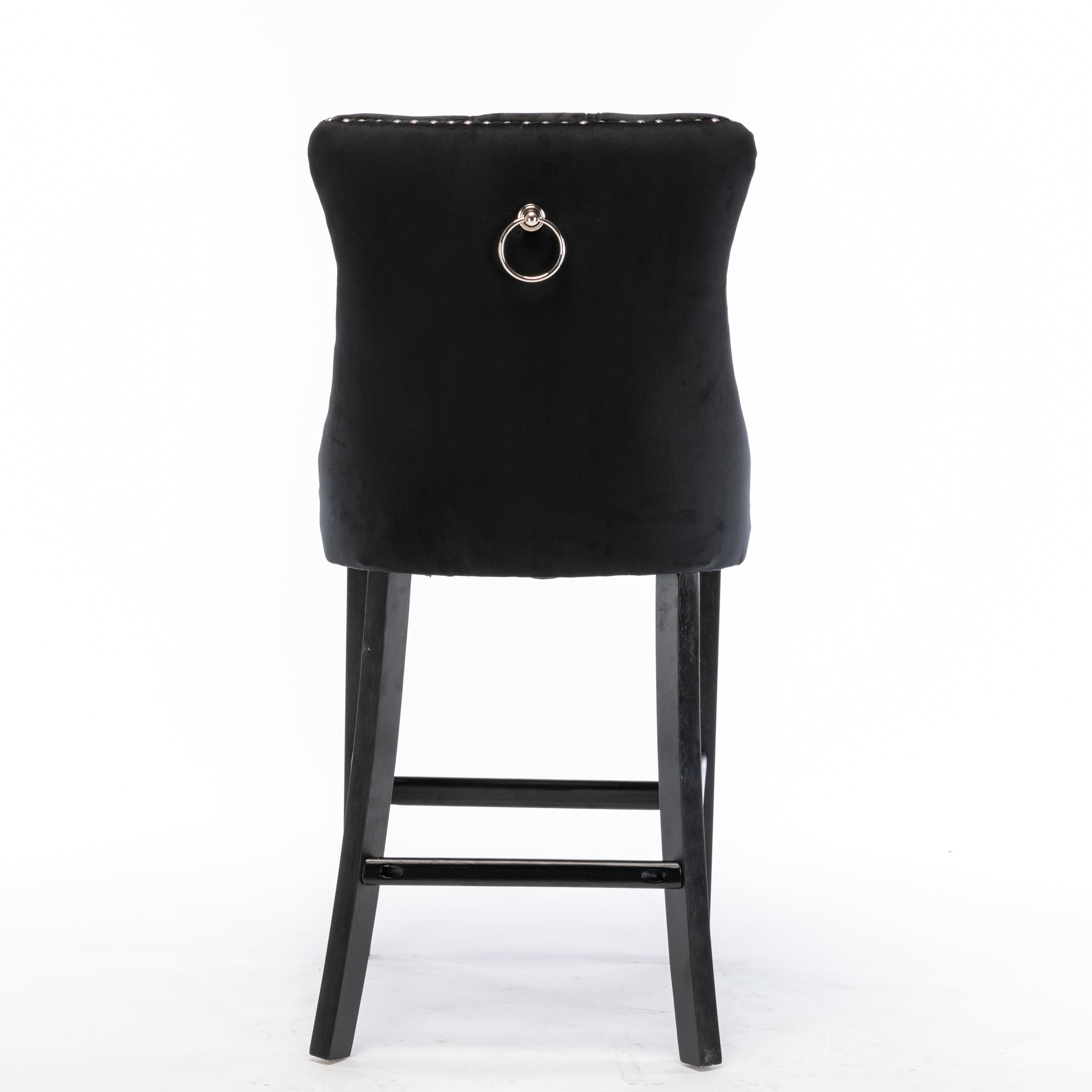 Black Velvet Bar Stools with Stud Trim, Wood Legs, Tufted Dining Chairs, Set of 4