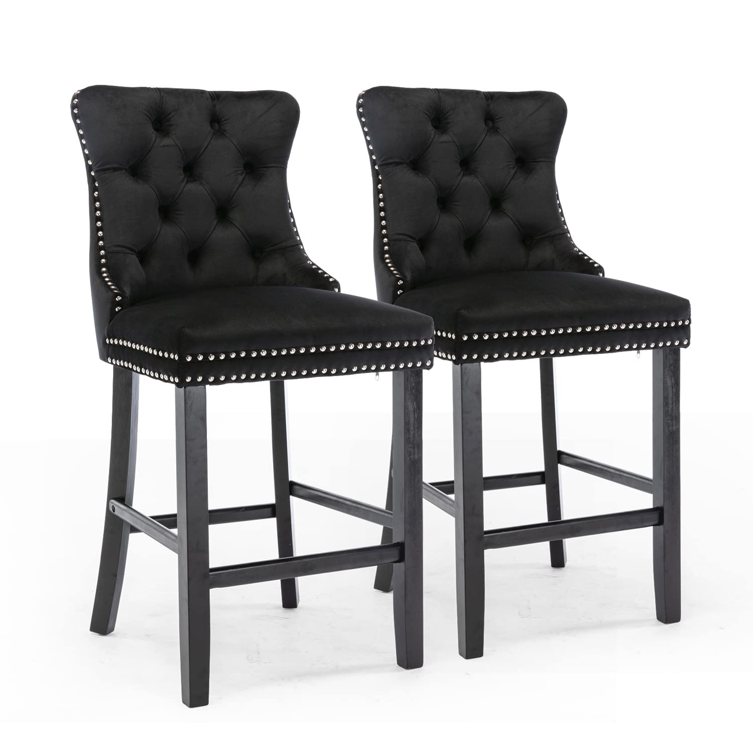 Black Velvet Bar Stools with Stud Trim, Wood Legs, Tufted Dining Chairs, Set of 4