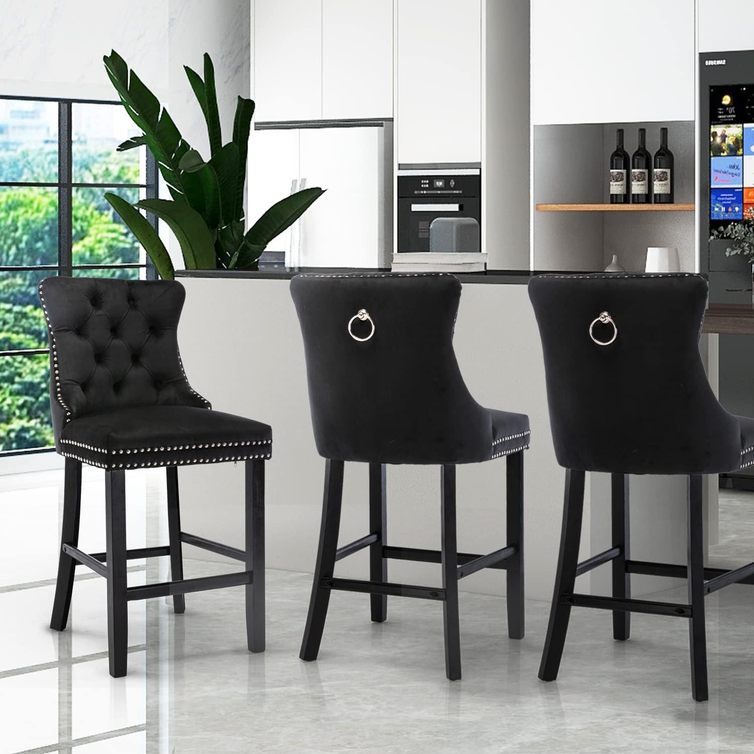 Black Velvet Bar Stools with Stud Trim, Wood Legs, Tufted Dining Chairs, Set of 4