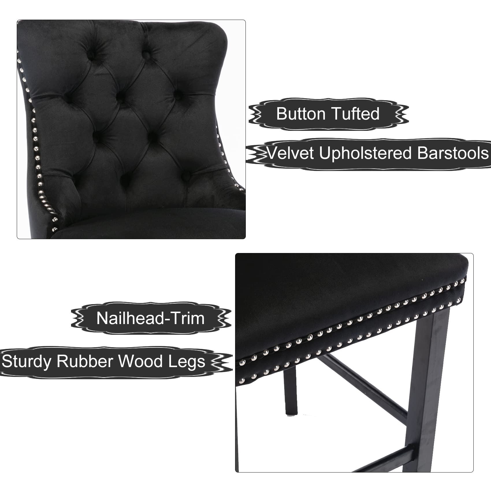 Black Velvet Bar Stools with Stud Trim, Wood Legs, Tufted Dining Chairs, Set of 4