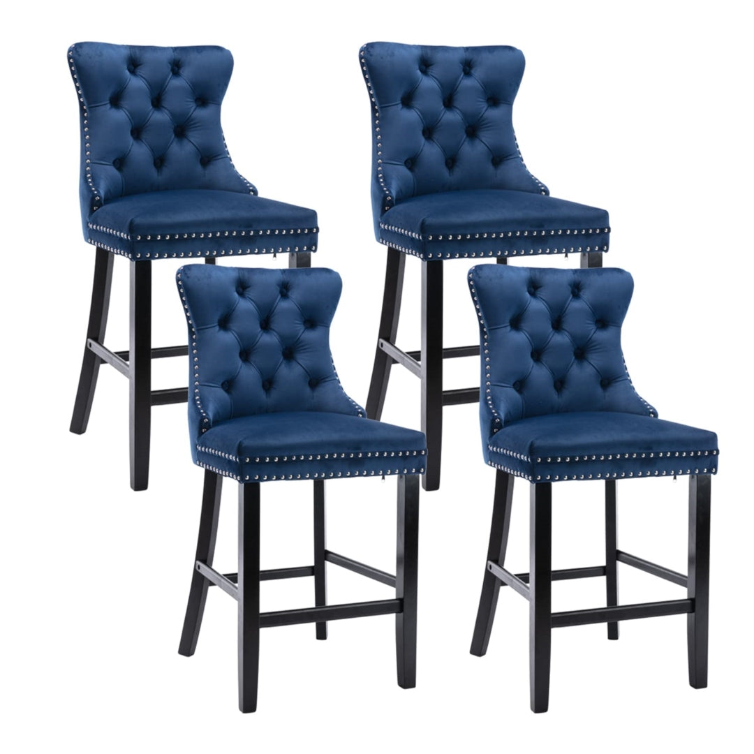 Velvet Upholstered Bar Stools with Wooden Legs & Trim, Set of 4