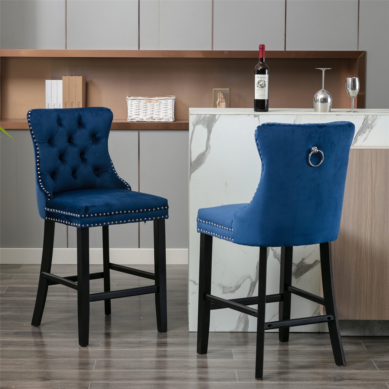 Velvet Upholstered Bar Stools with Wooden Legs & Trim, Set of 4