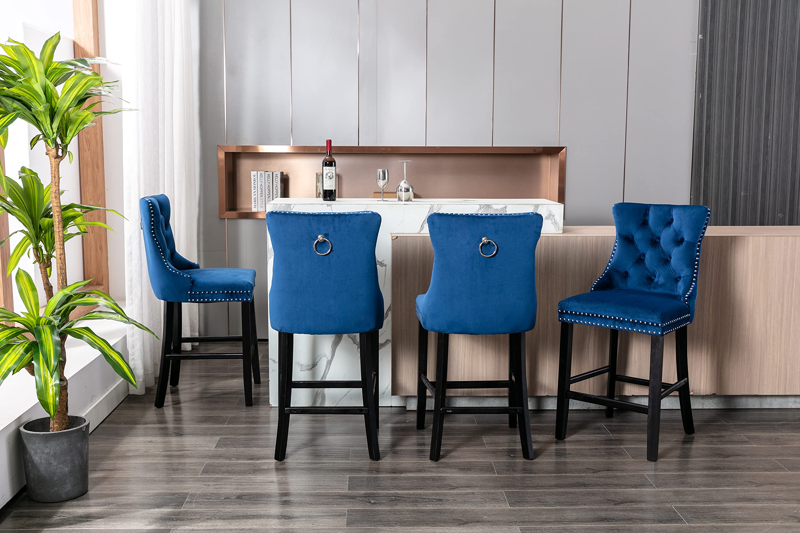 Velvet Upholstered Bar Stools with Wooden Legs & Trim, Set of 4