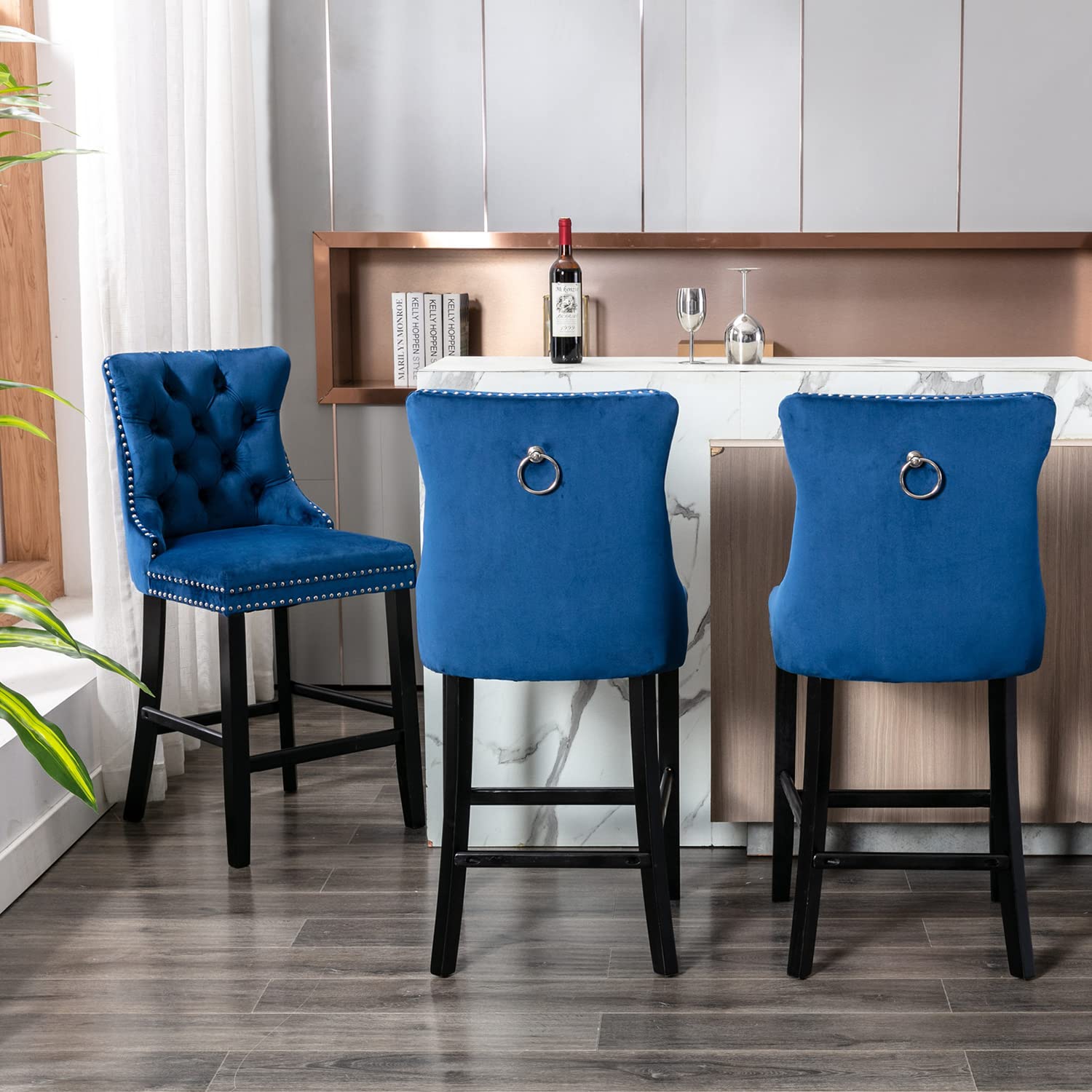 Velvet Upholstered Bar Stools with Wooden Legs & Trim, Set of 4