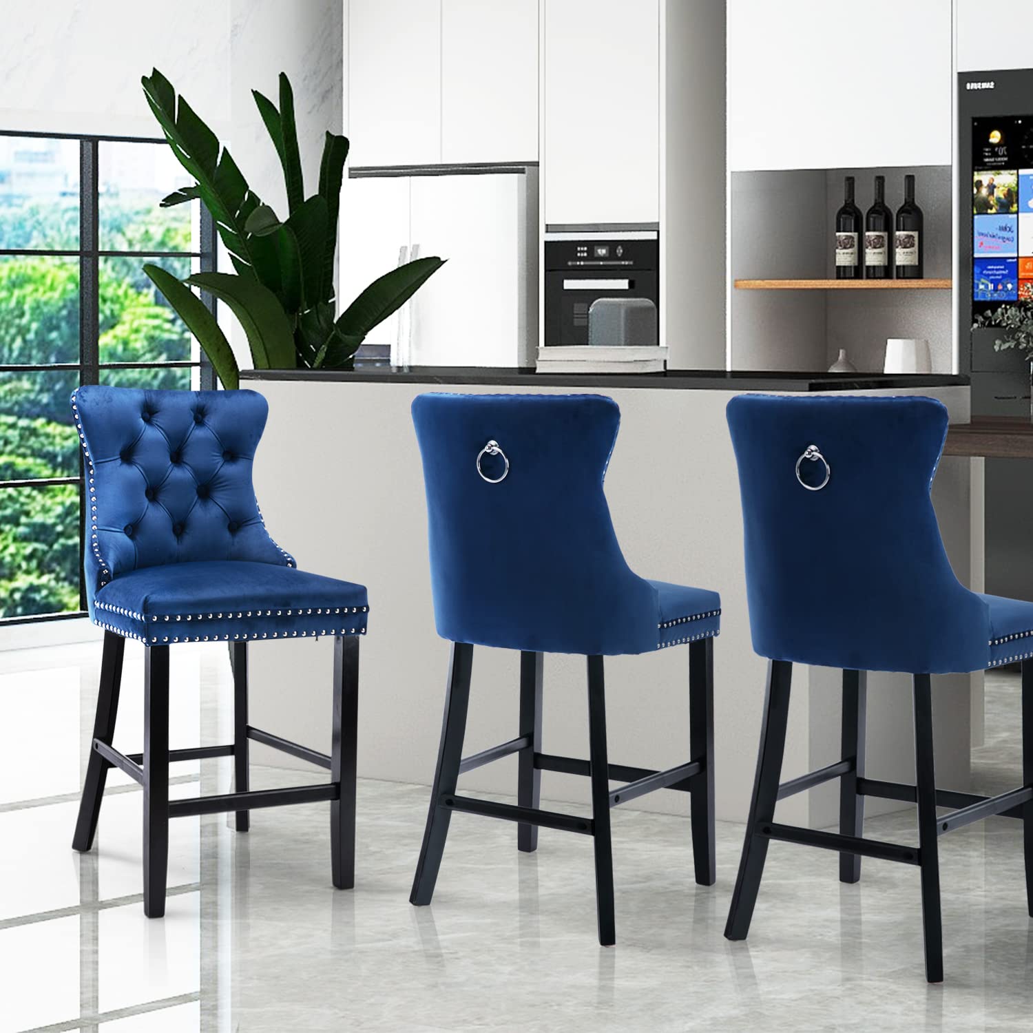 Velvet Upholstered Bar Stools with Wooden Legs & Trim, Set of 4