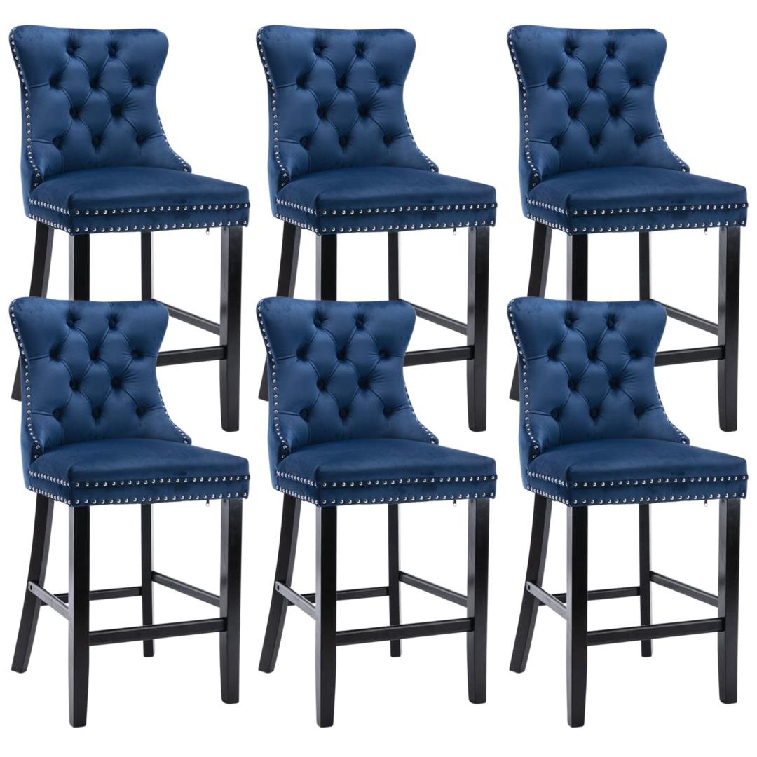 Luxurious Velvet Tufted Bar Stools with Studs & Wooden Legs, Set of 6